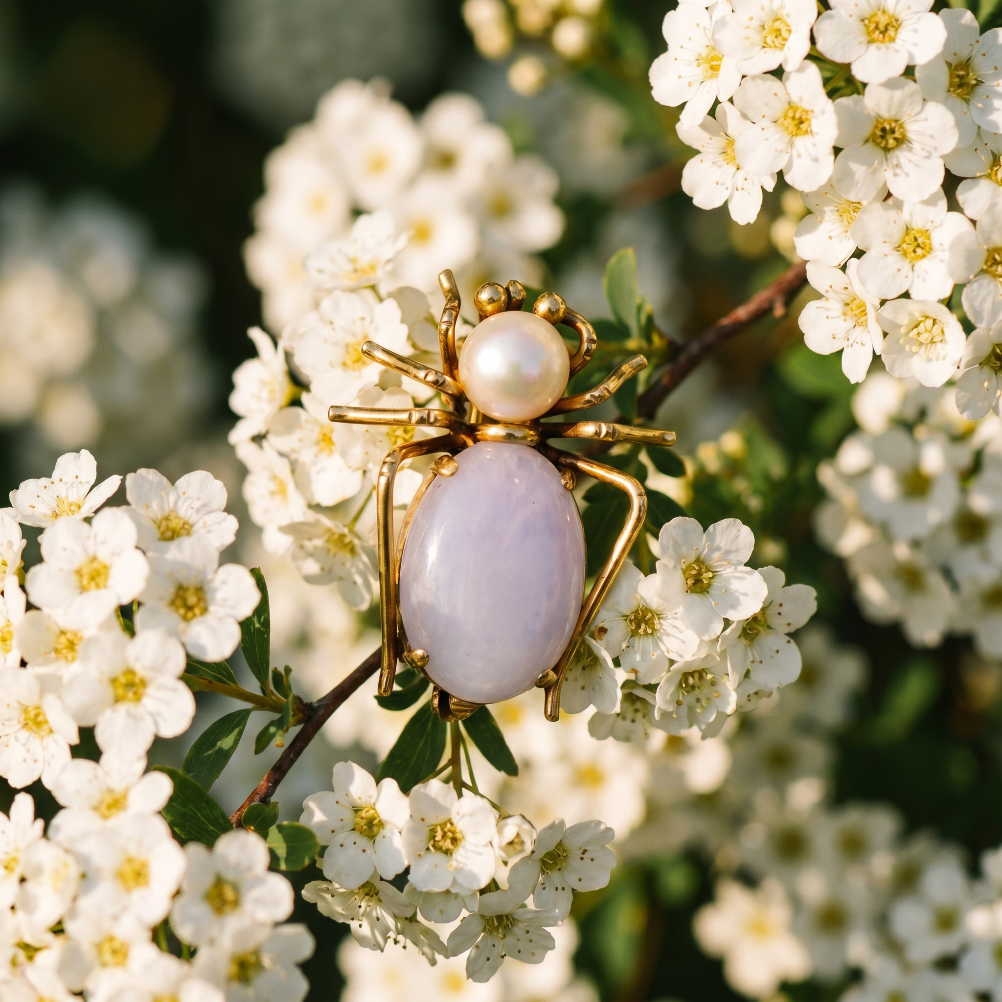 Vintage 14K Gold Lavender Jade & Pearl Spider Brooch