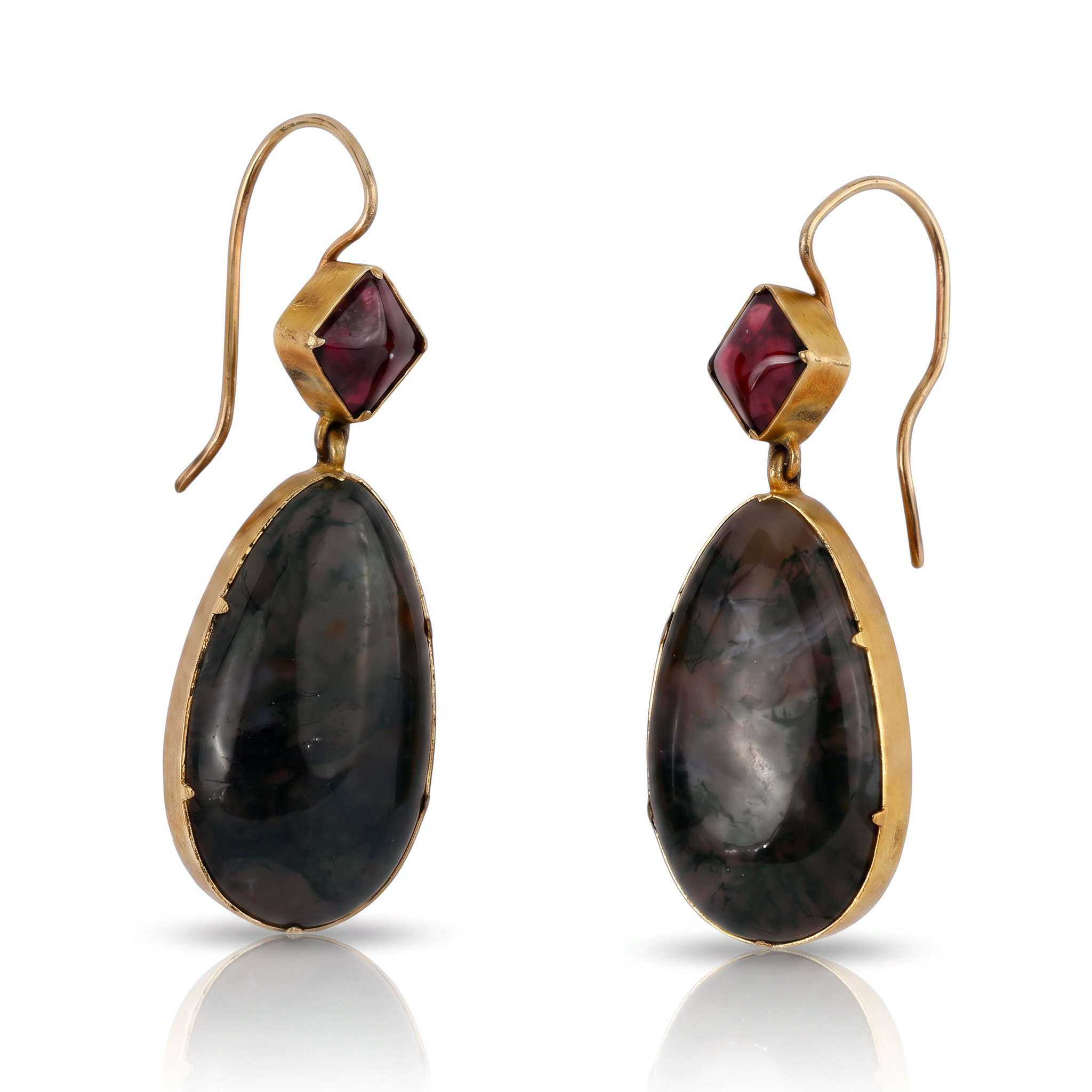 Georgian Moss Agate & Garnet Drop Earrings in 14K Gold