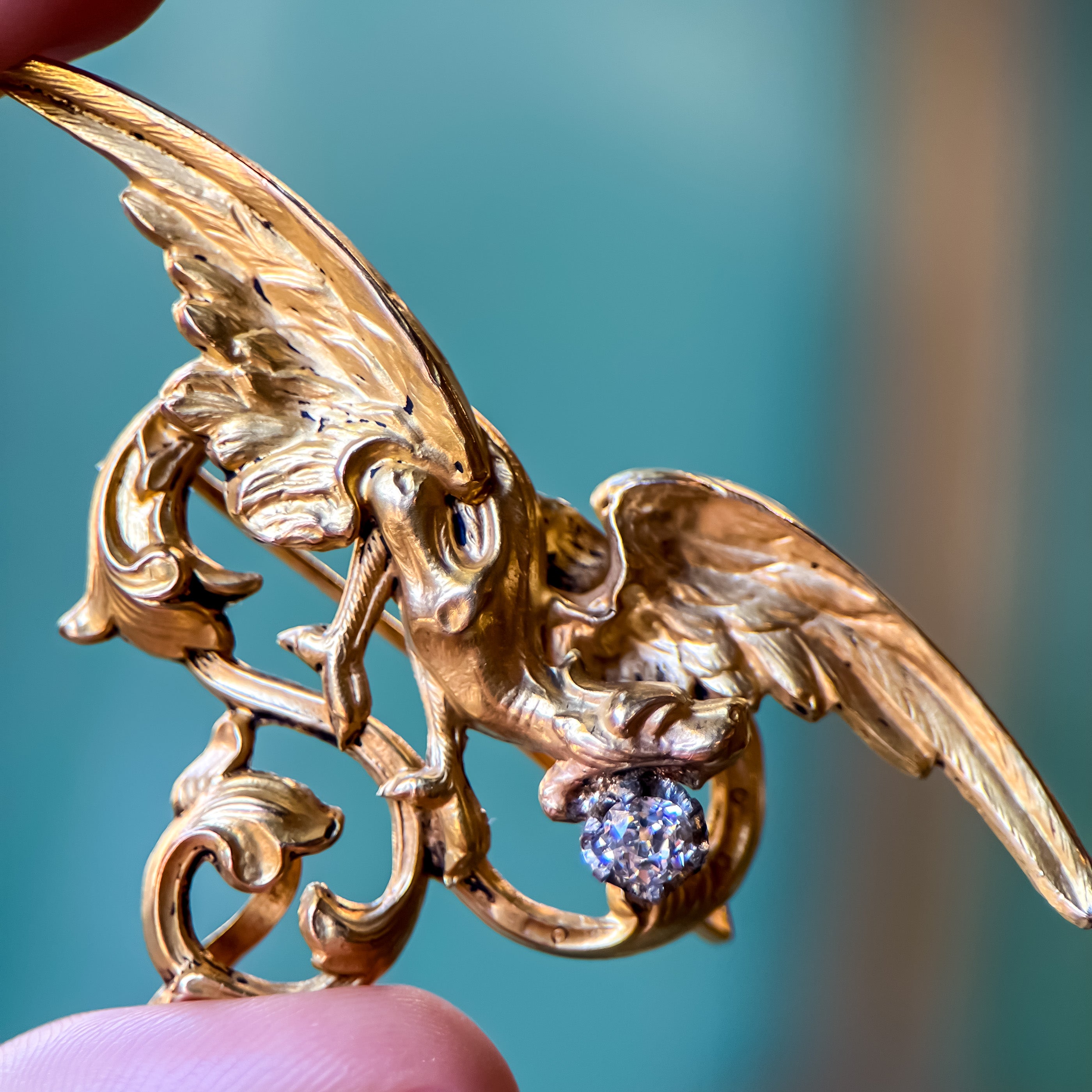 19th Century French 18K Dragon Old Mine Cut Diamond Brooch