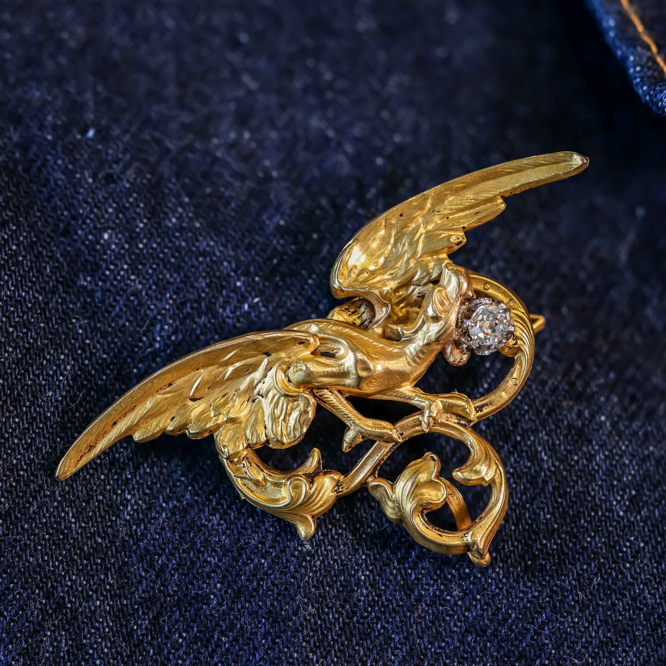 19th Century French 18K Dragon Old Mine Cut Diamond Brooch