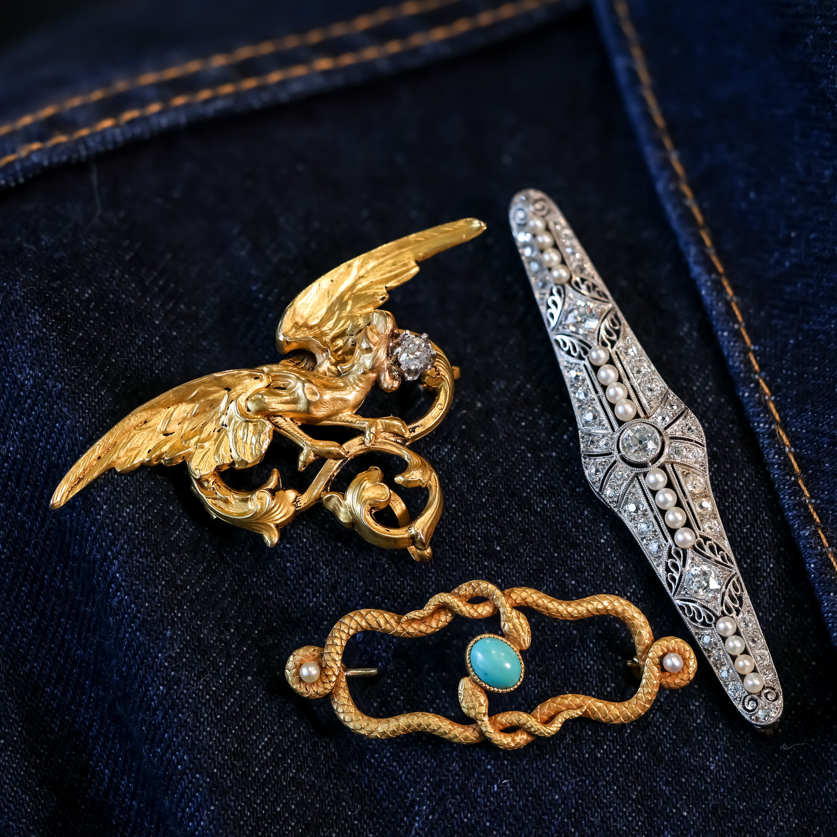 Victorian Turquoise & Pearl Snake Brooch