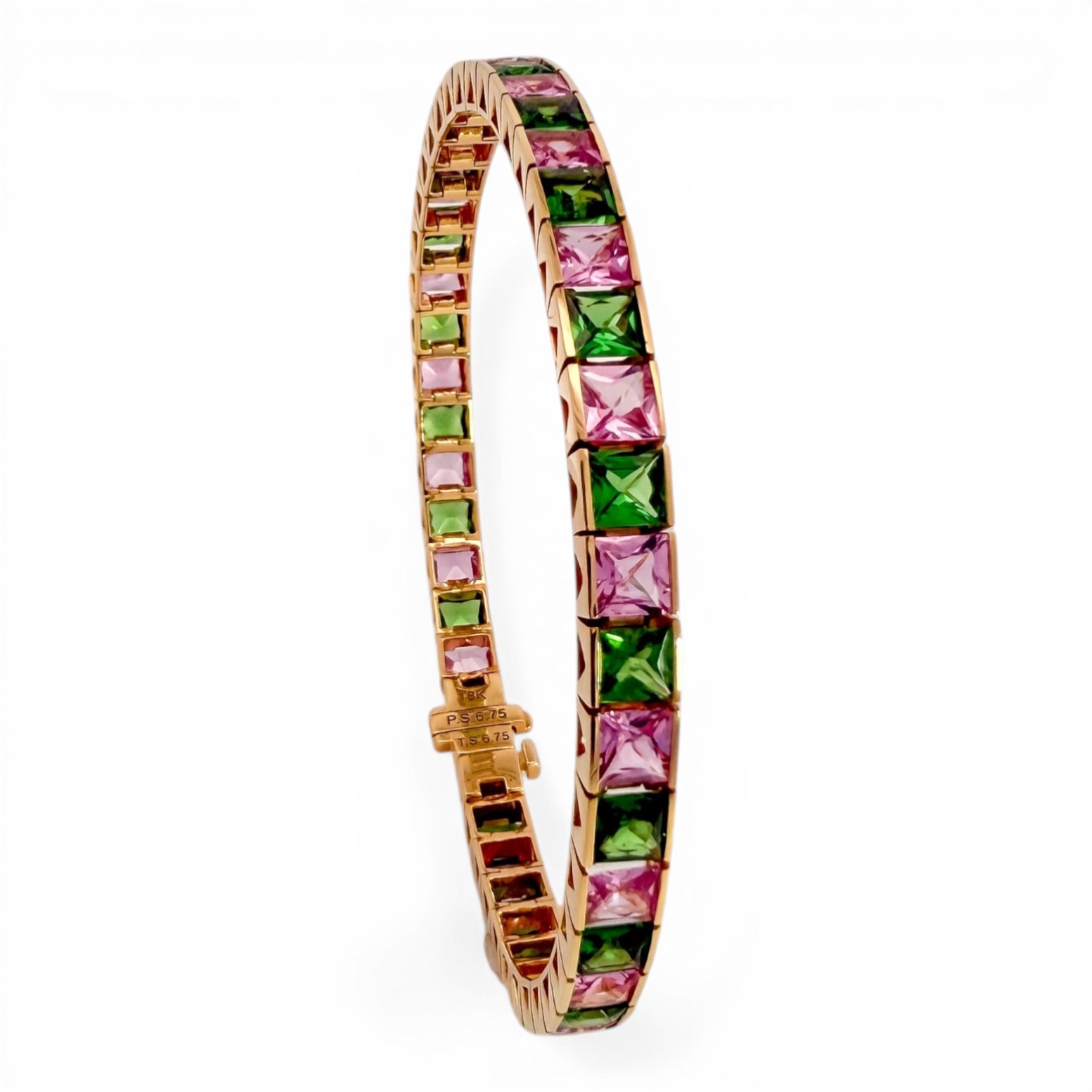 18KT Gold Pink Sapphire & Tsavorite Line Bracelet
