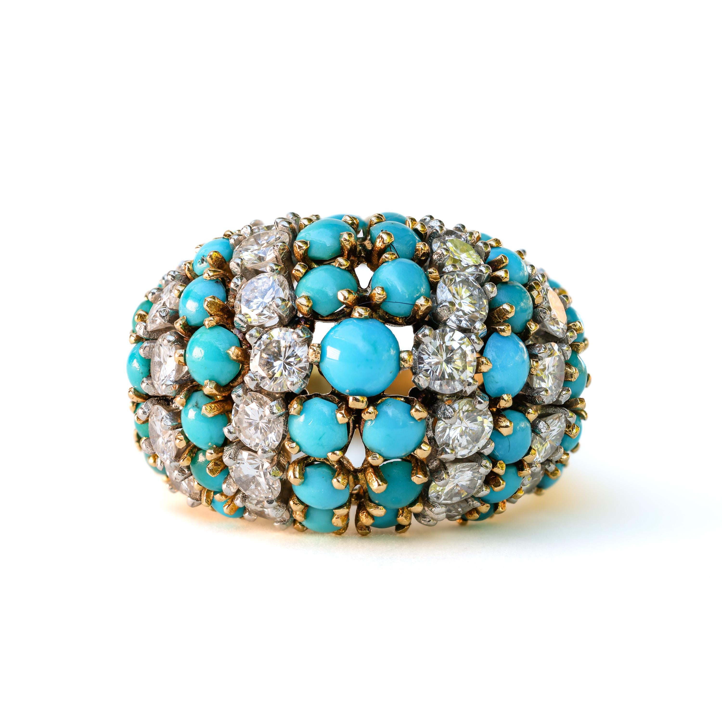 French Retro 18K Turquoise & Diamond Bombé Cocktail Ring