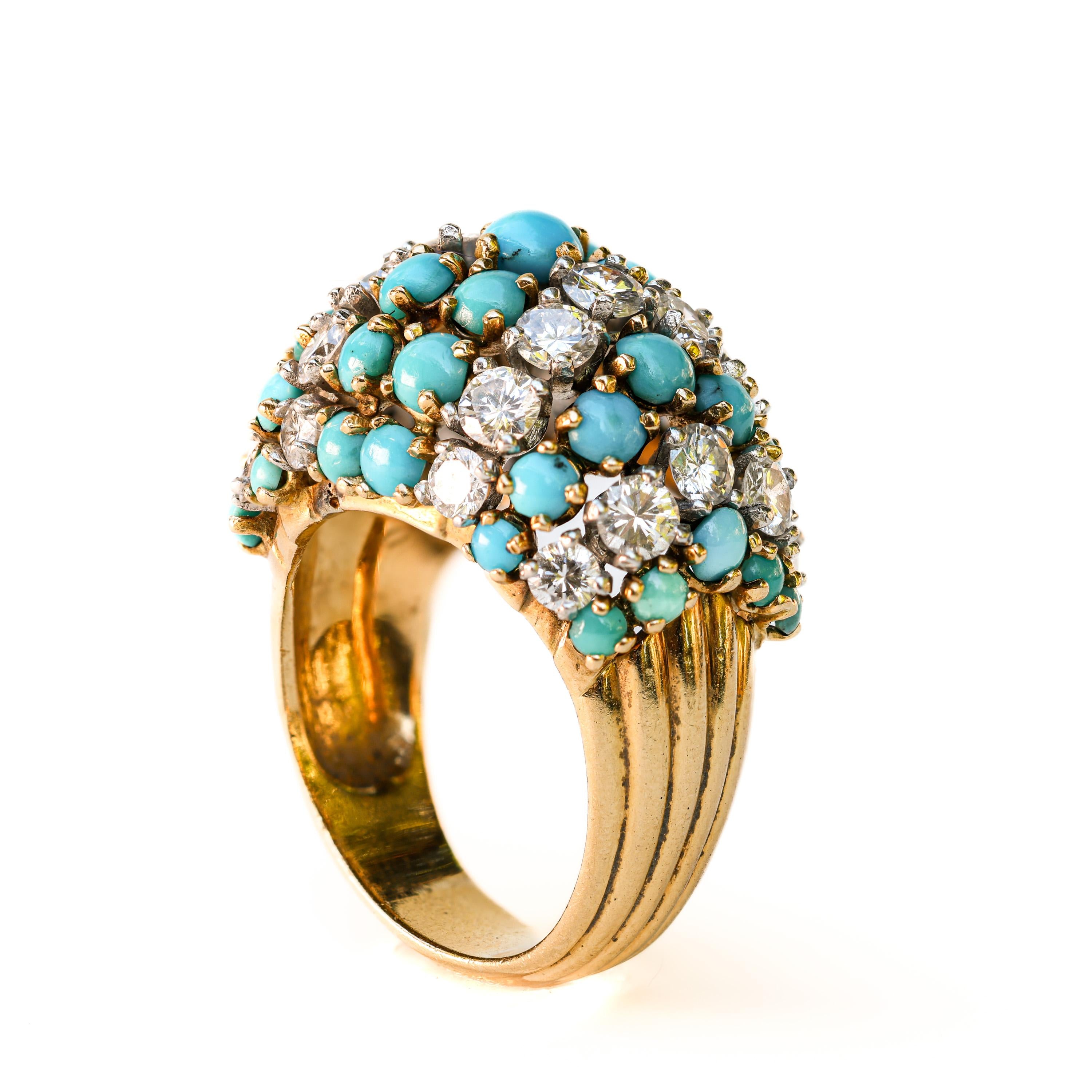 French Retro 18K Turquoise & Diamond Bombé Cocktail Ring