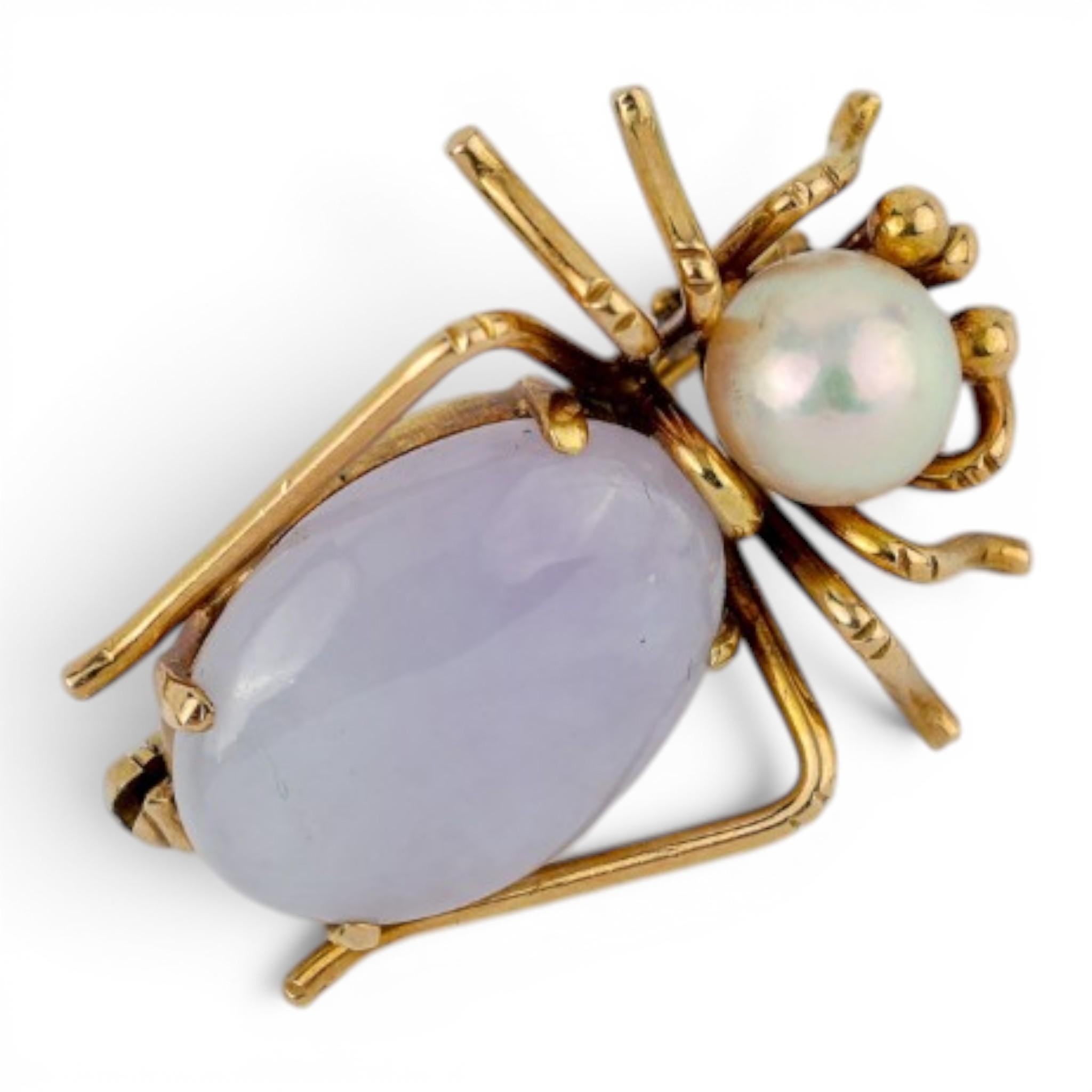 Vintage Lavender Jade & Pearl Spider Brooch