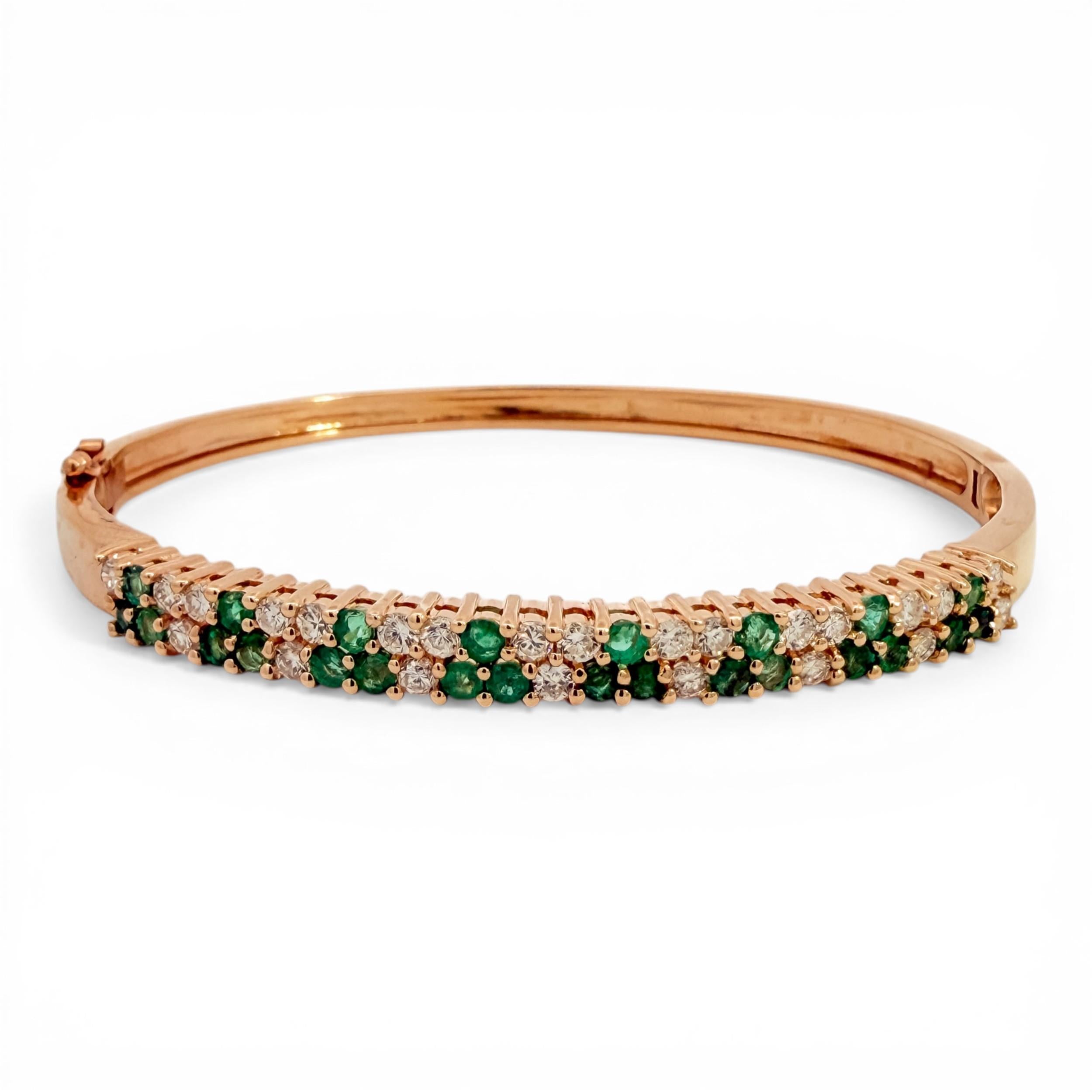 Vintage 14K Yellow Gold Emerald & Diamond Bangle Bracelet