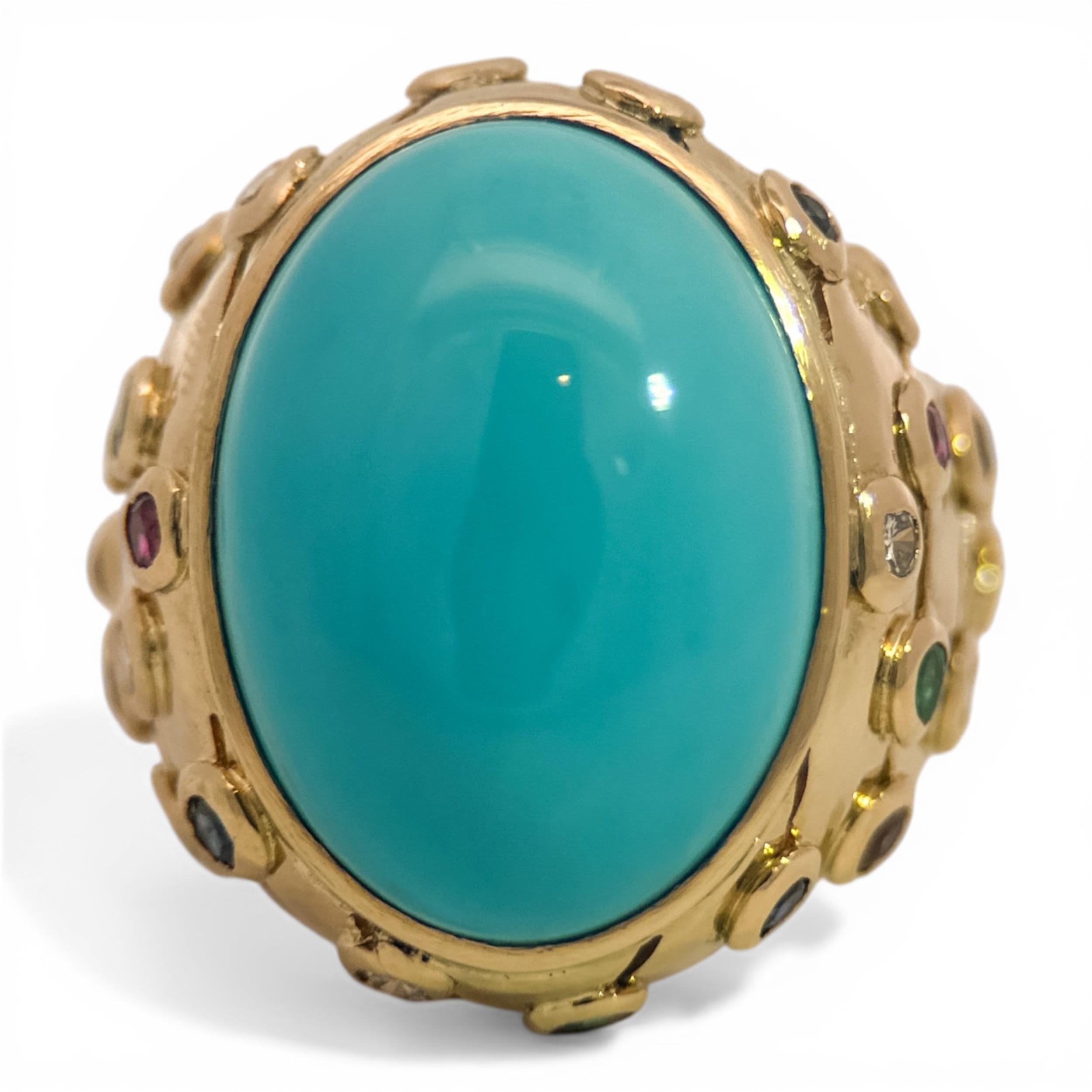 Vintage Turquoise Multi-Gem 18K Yellow Gold Ring