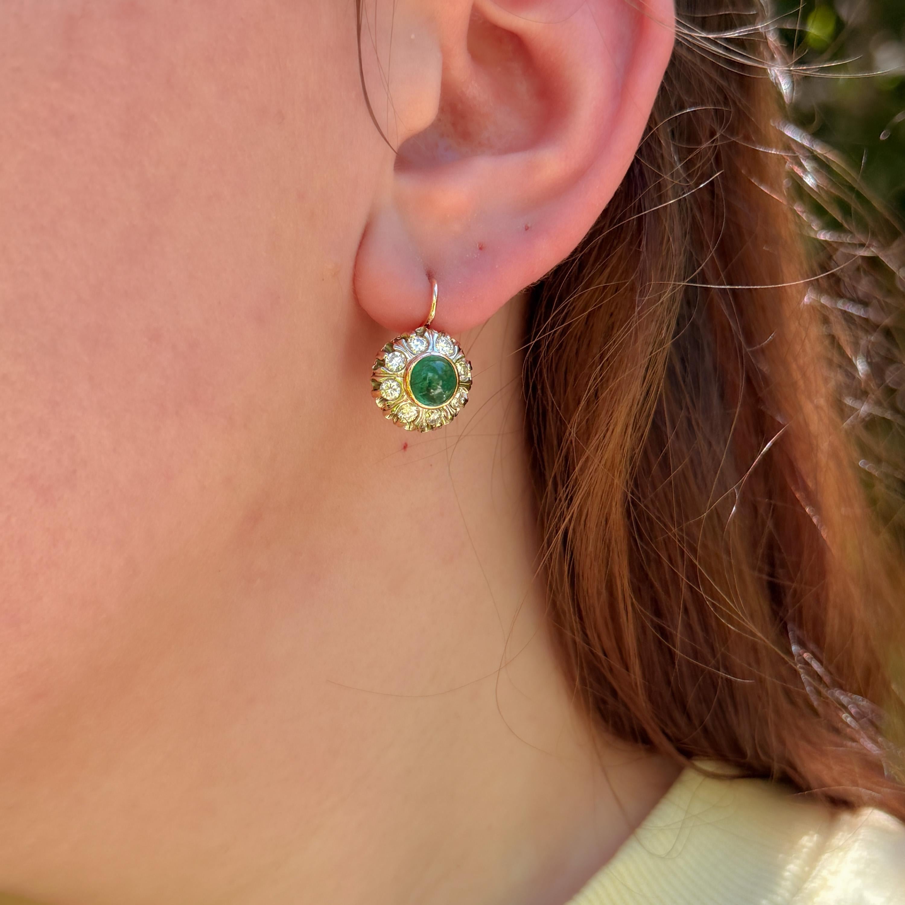 Victorian Style Emerald & Diamond Cluster Earrings