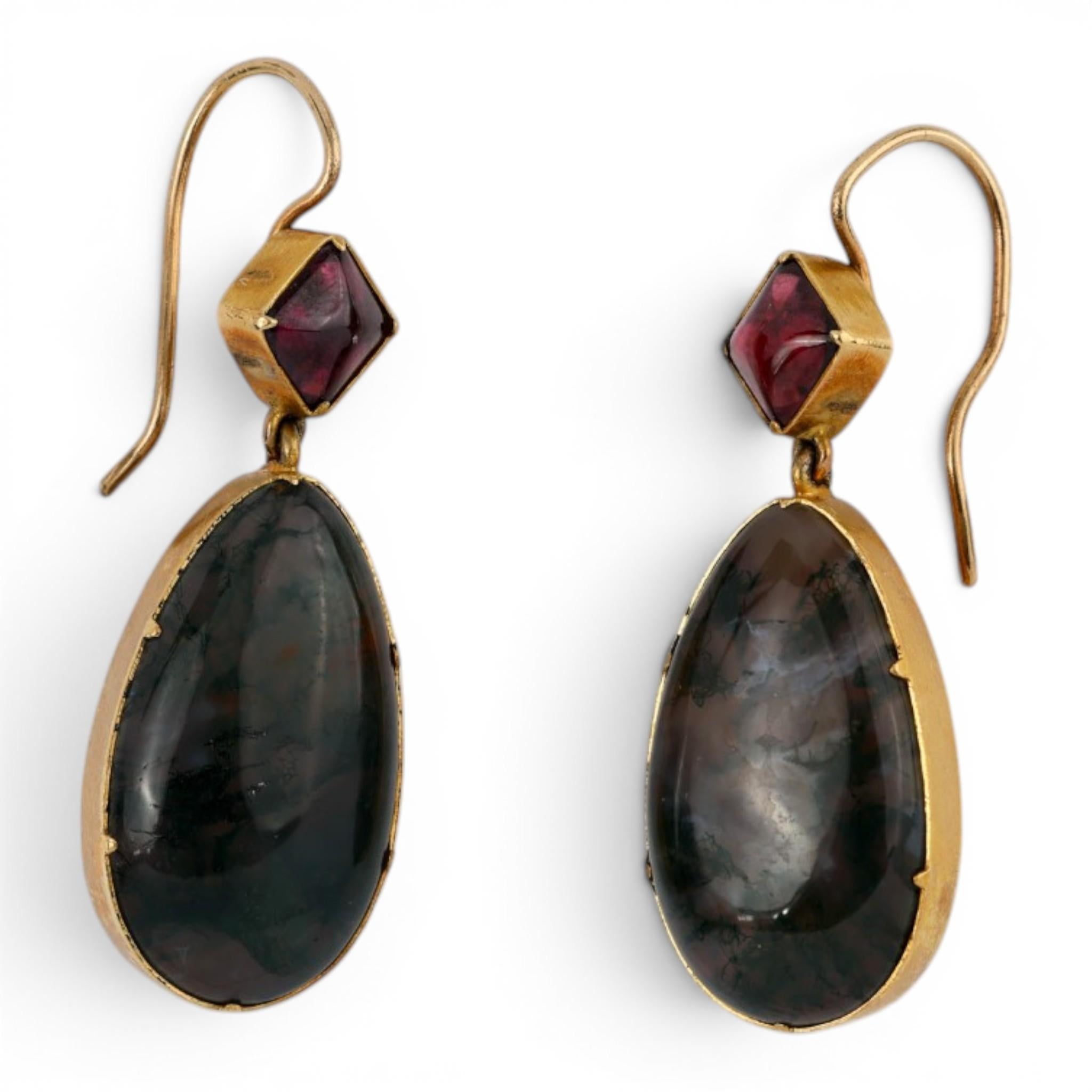 Georgian Moss Agate & Garnet Drop Earrings