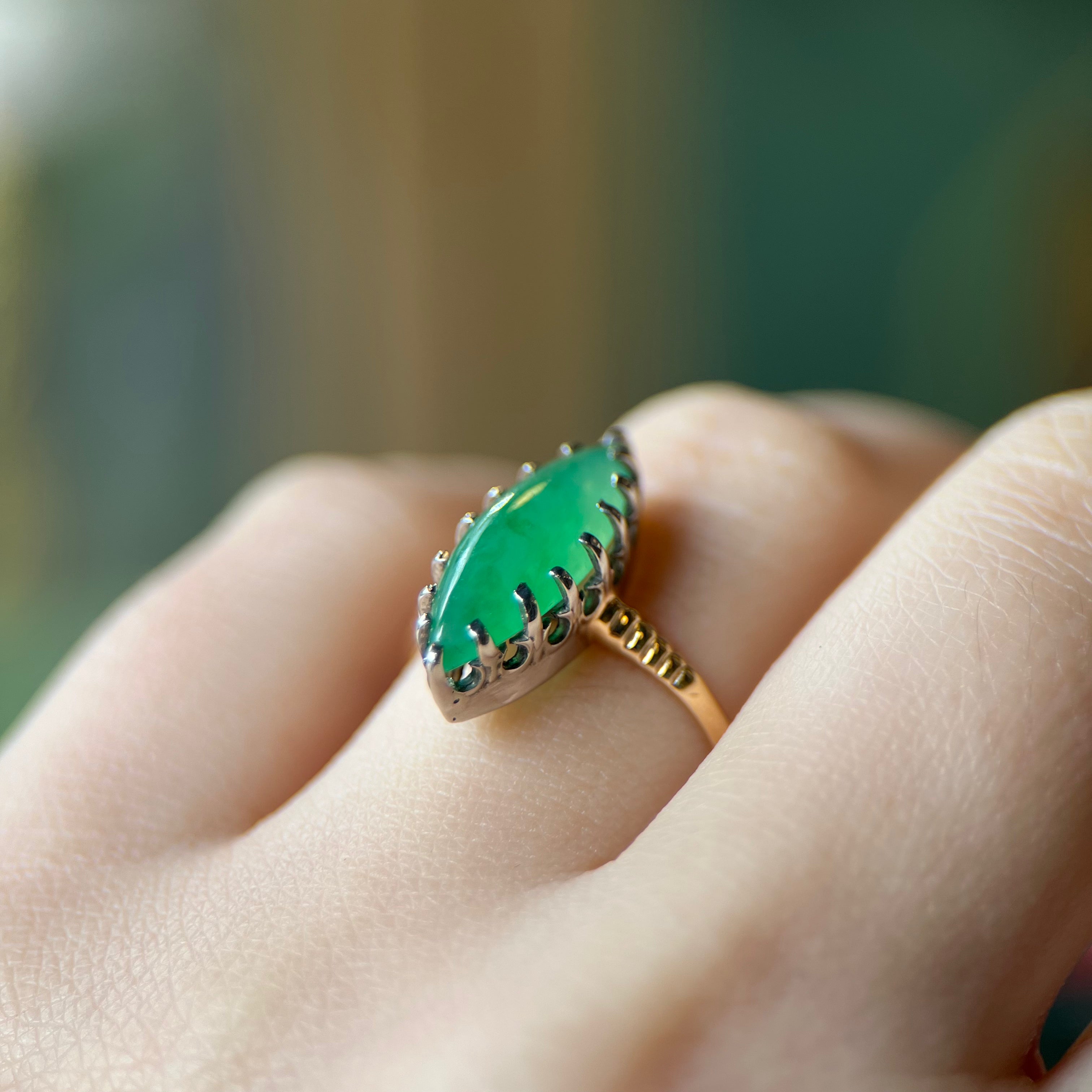 Palladium & 14k Yellow Gold Jadeite Navette Ring