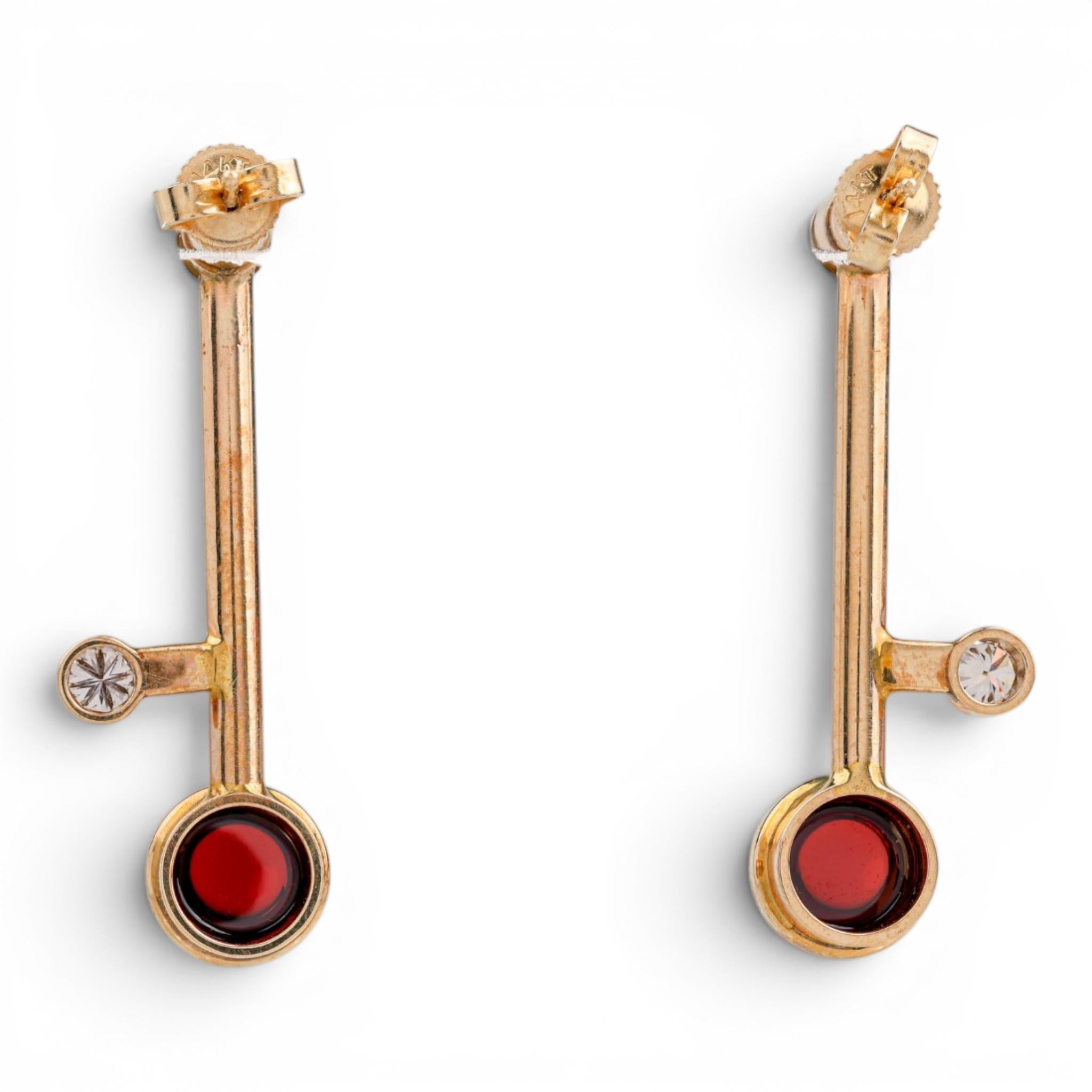 Modernist 14K Garnet and Diamond Drop Earrings