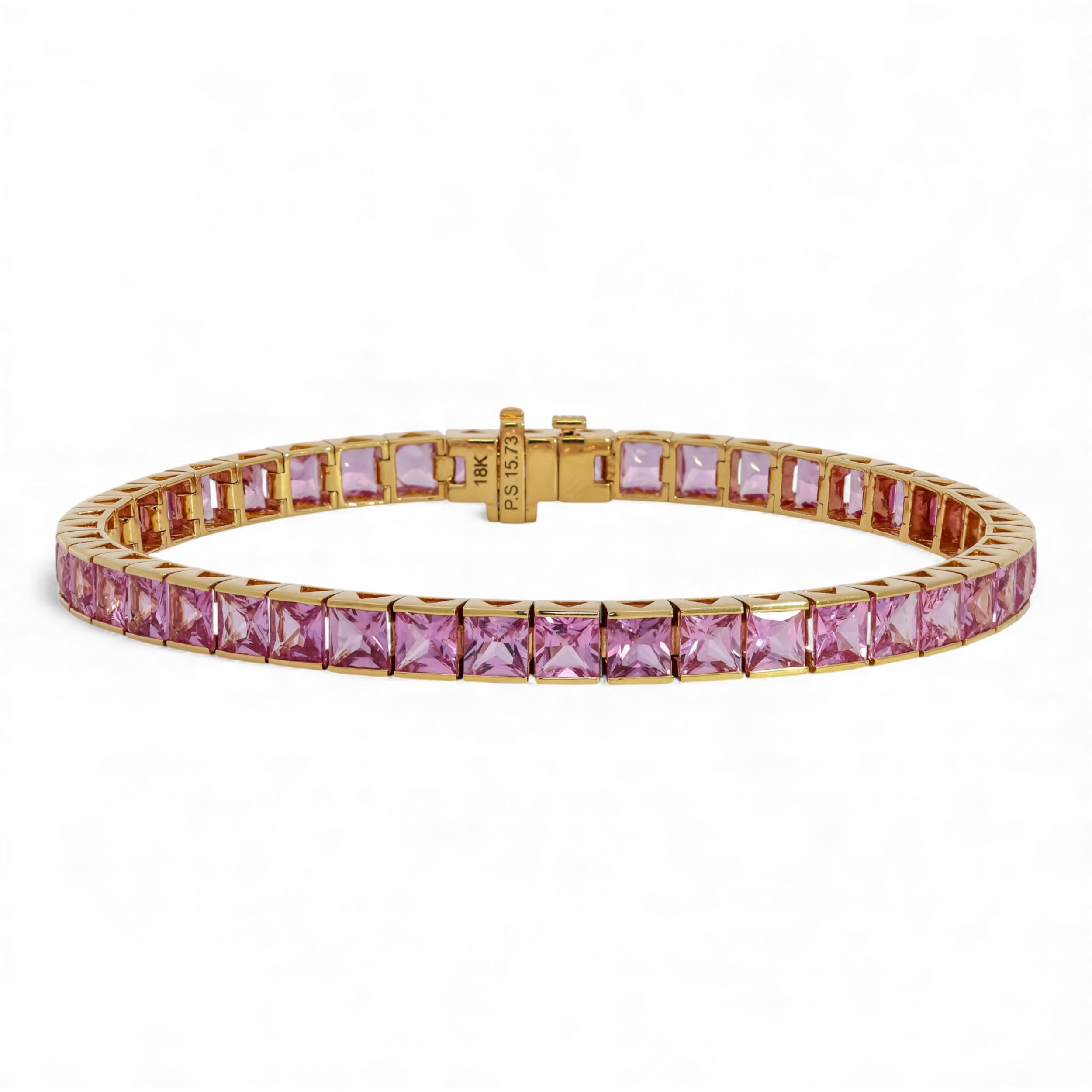 15ctw Pink Sapphire 18K Yellow Gold Tennis Bracelet