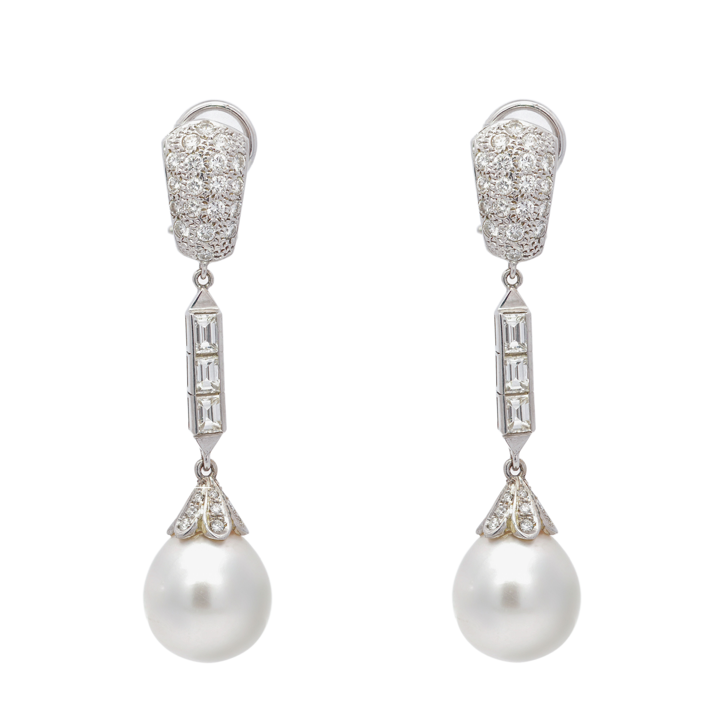 Retro 18k White Gold Cultured Pearl & Diamond Drop Earrings
