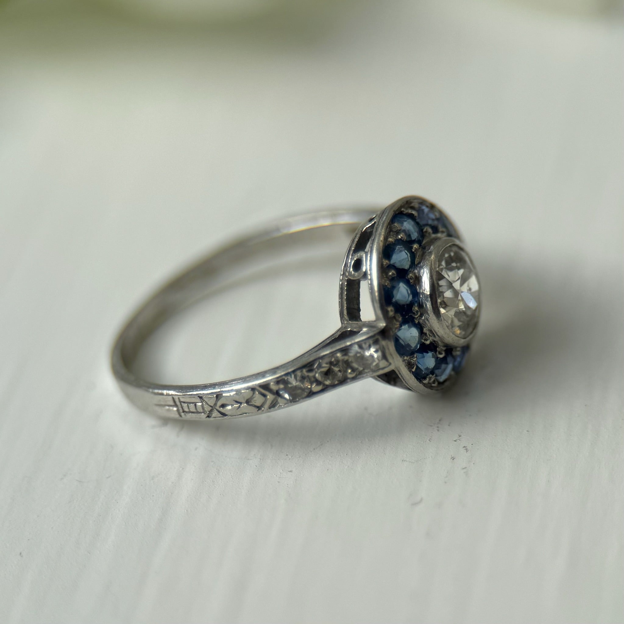 Art Deco Style Platinum Diamond & Sapphire Halo Ring