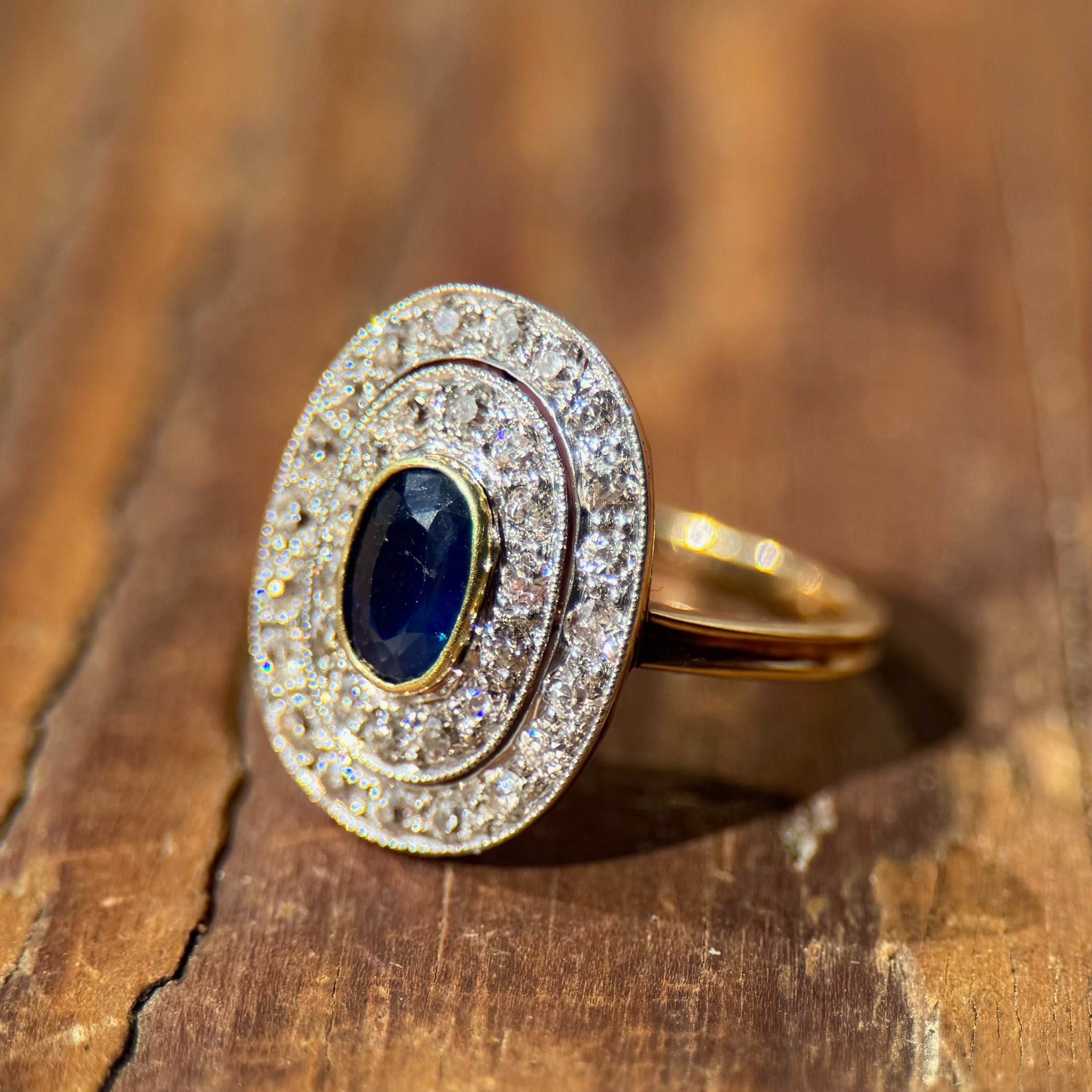Edwardian Sapphire Ring with Diamond Halo