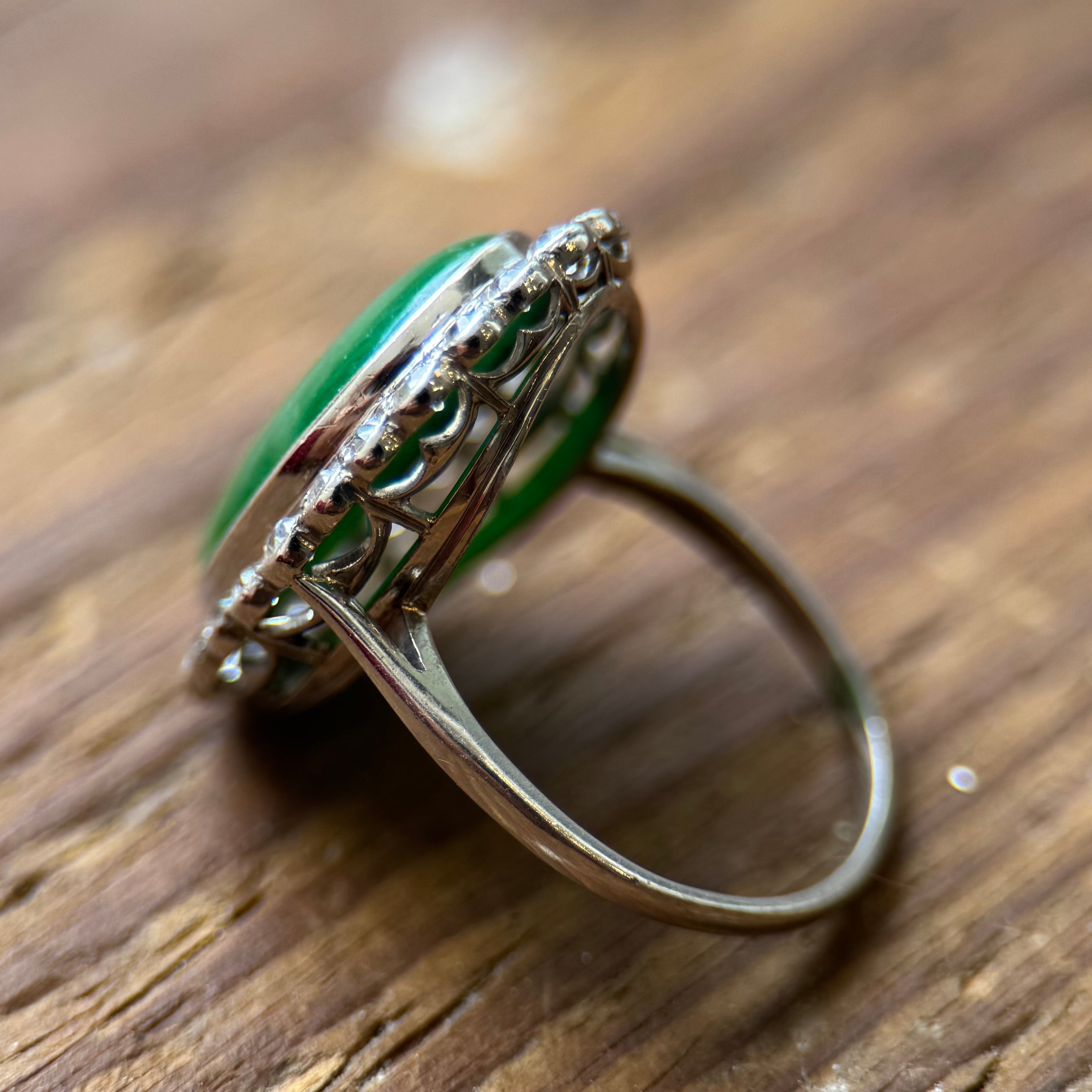 Edwardian Platinum Natural Green Jade & Old Mine Cut Diamond Ring