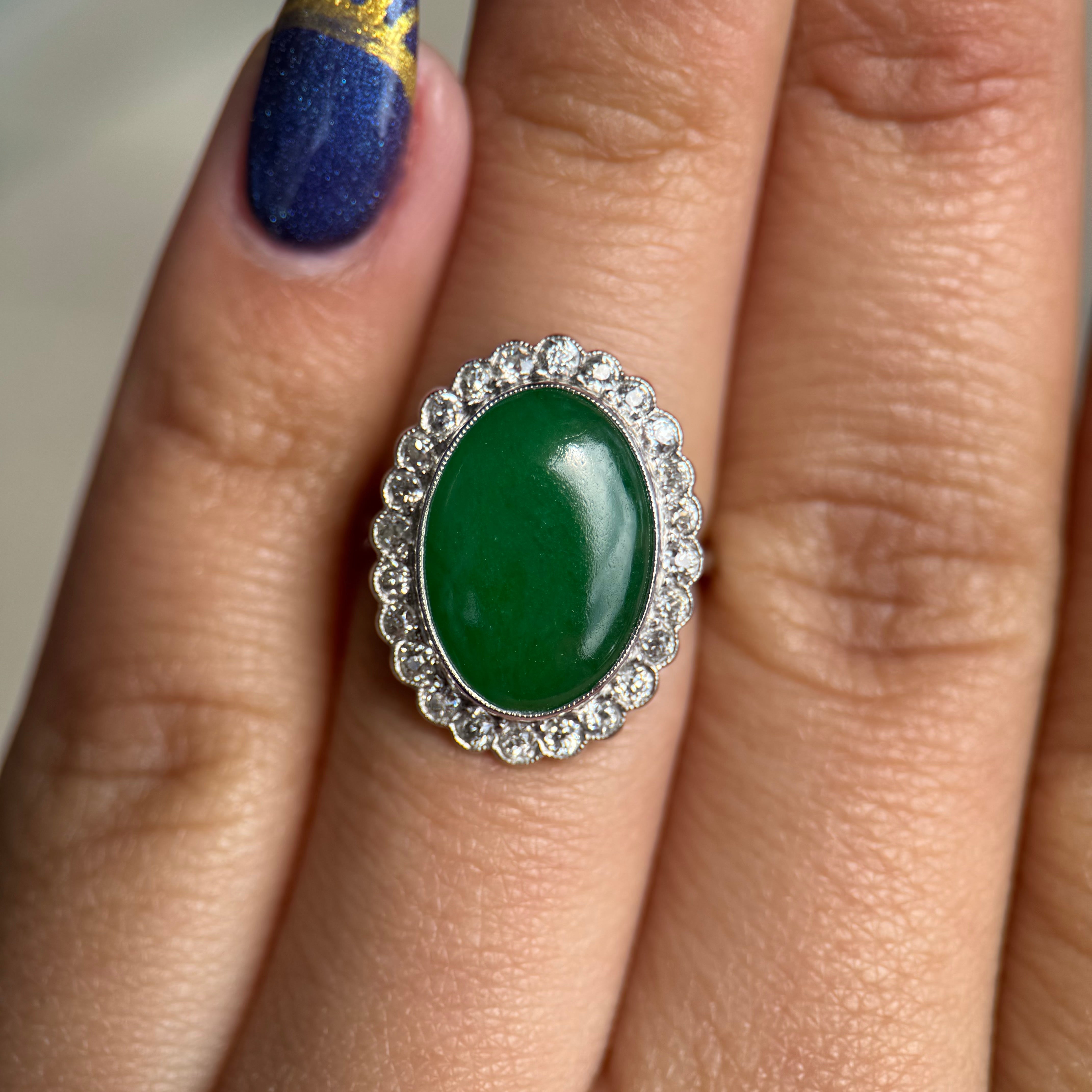 Edwardian Platinum Natural Green Jade & Old Mine Cut Diamond Ring