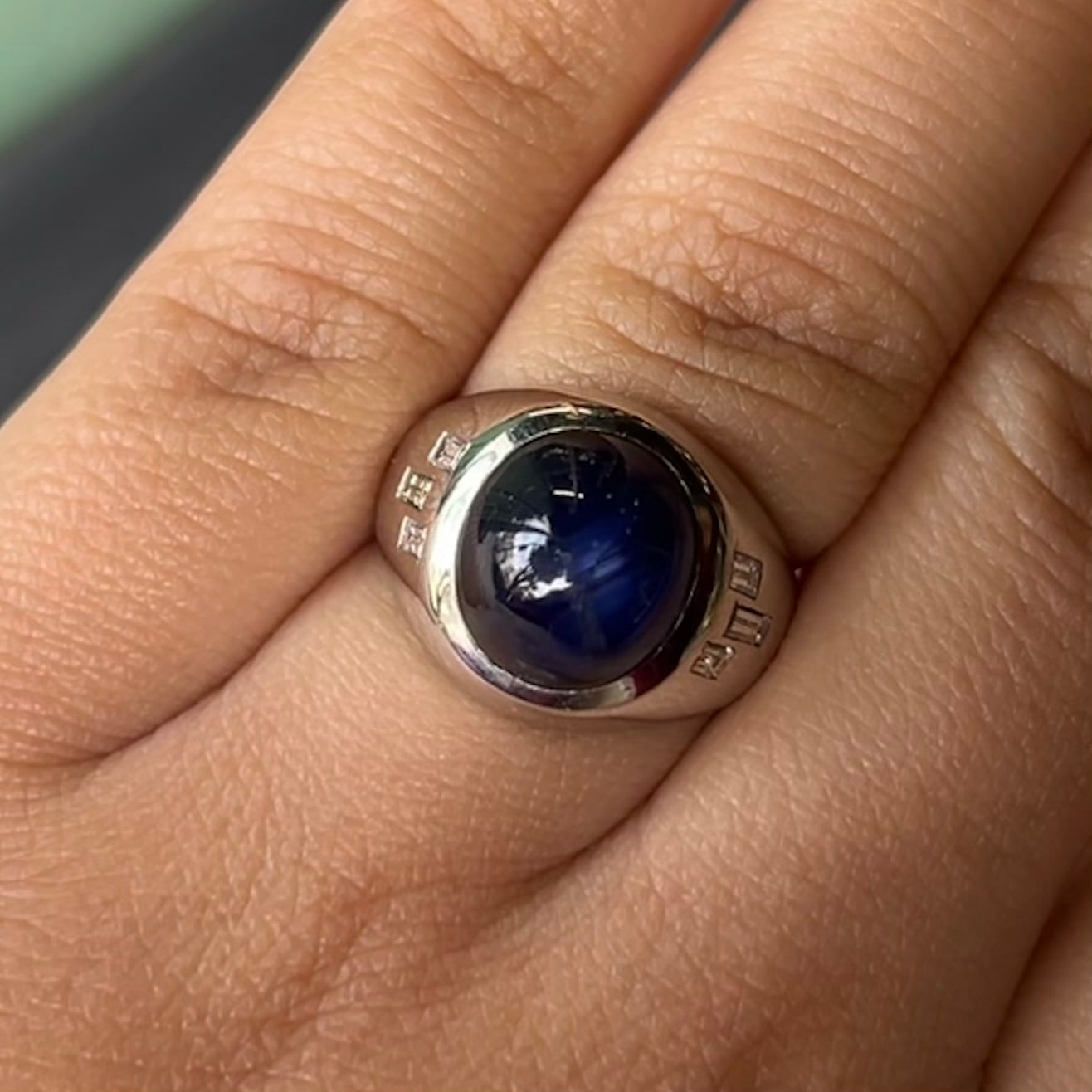 Platinum Blue Sapphire Cabochon (10.25ct) & Baguette Diamond (0.50cttw) Ring Sz 8