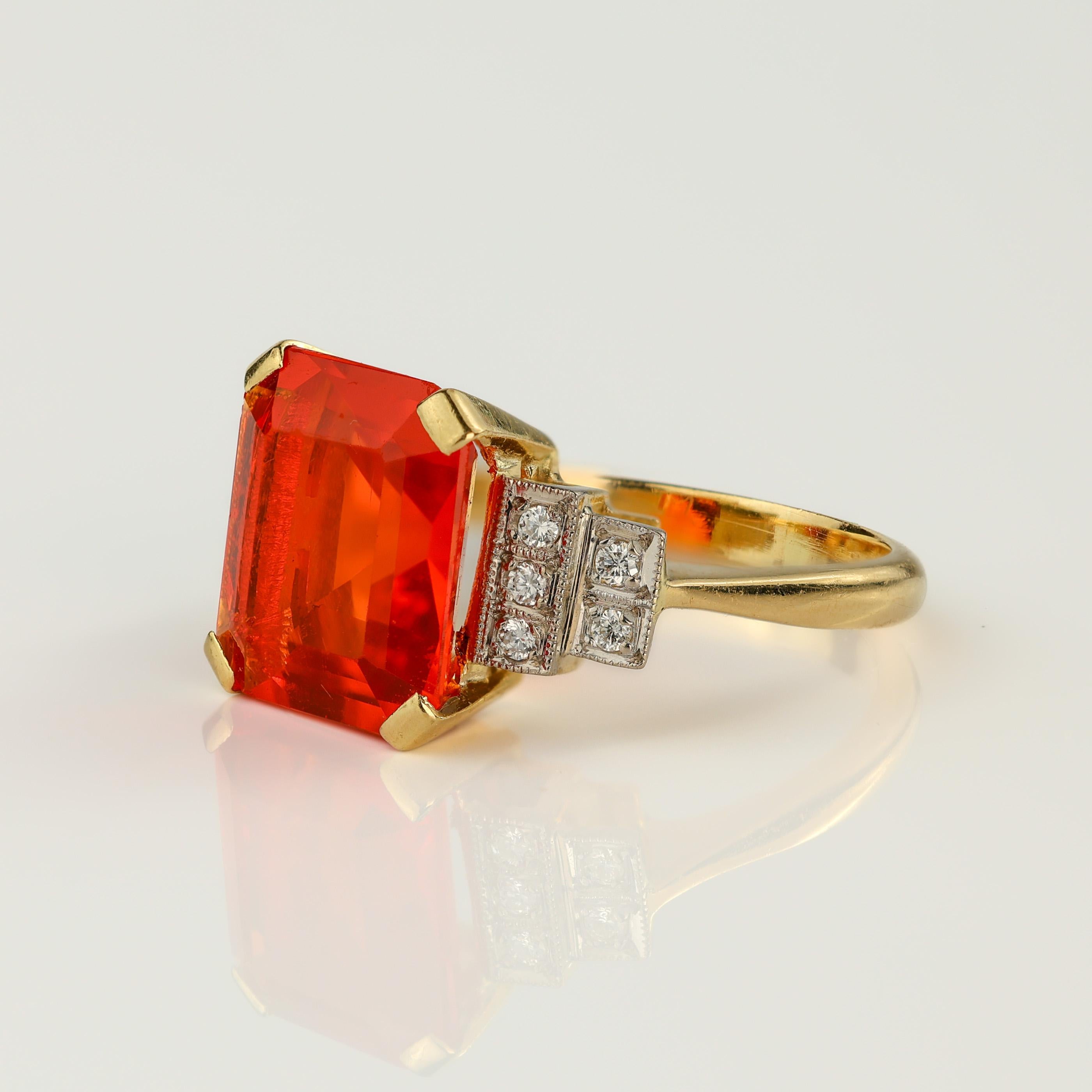Art Deco Style 18K Fire Opal and Diamond Ring