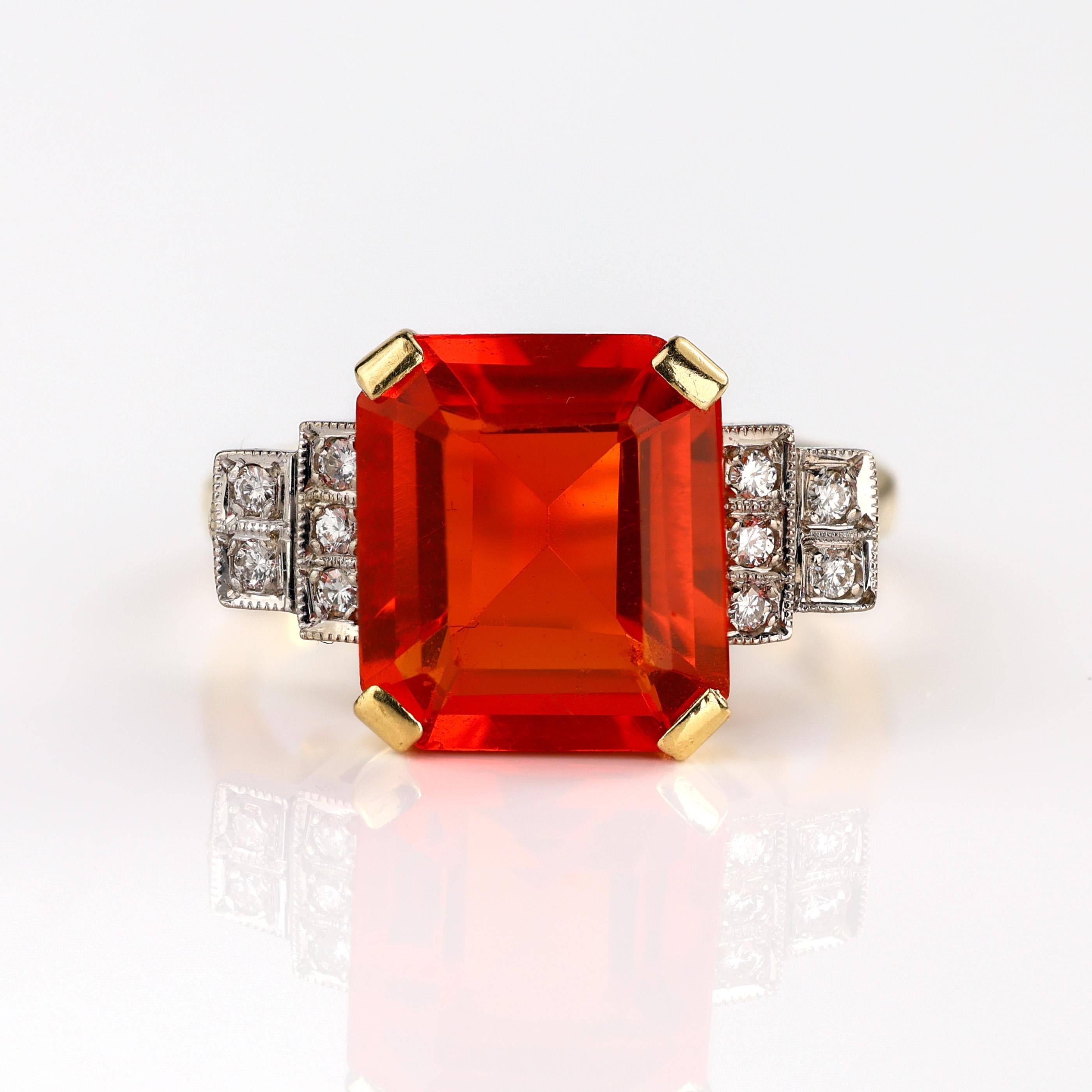 Art Deco Style 18K Fire Opal and Diamond Ring