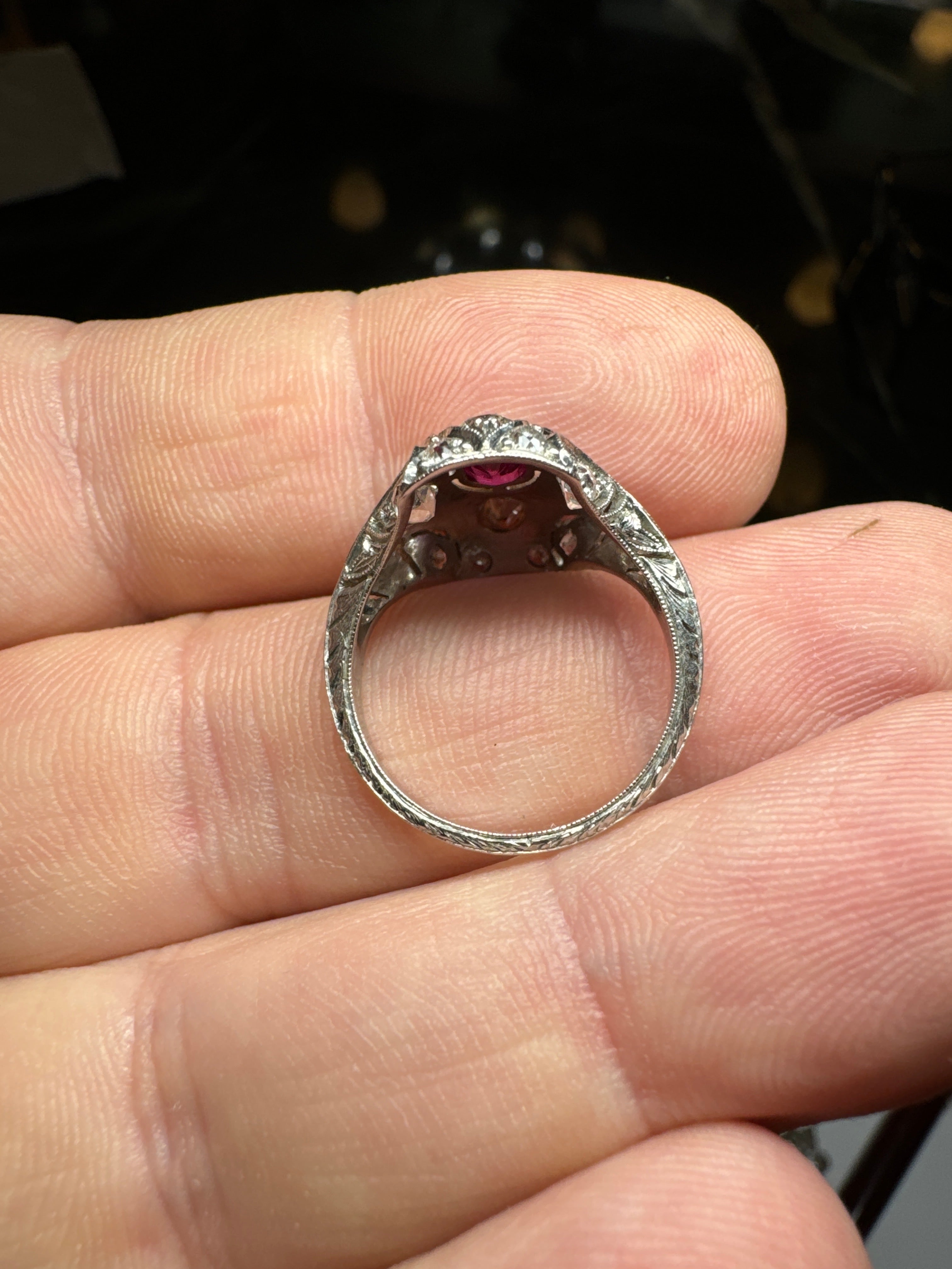 Edwardian Platinum Natural Ruby & Old Mine Cut Diamond Dinner Ring