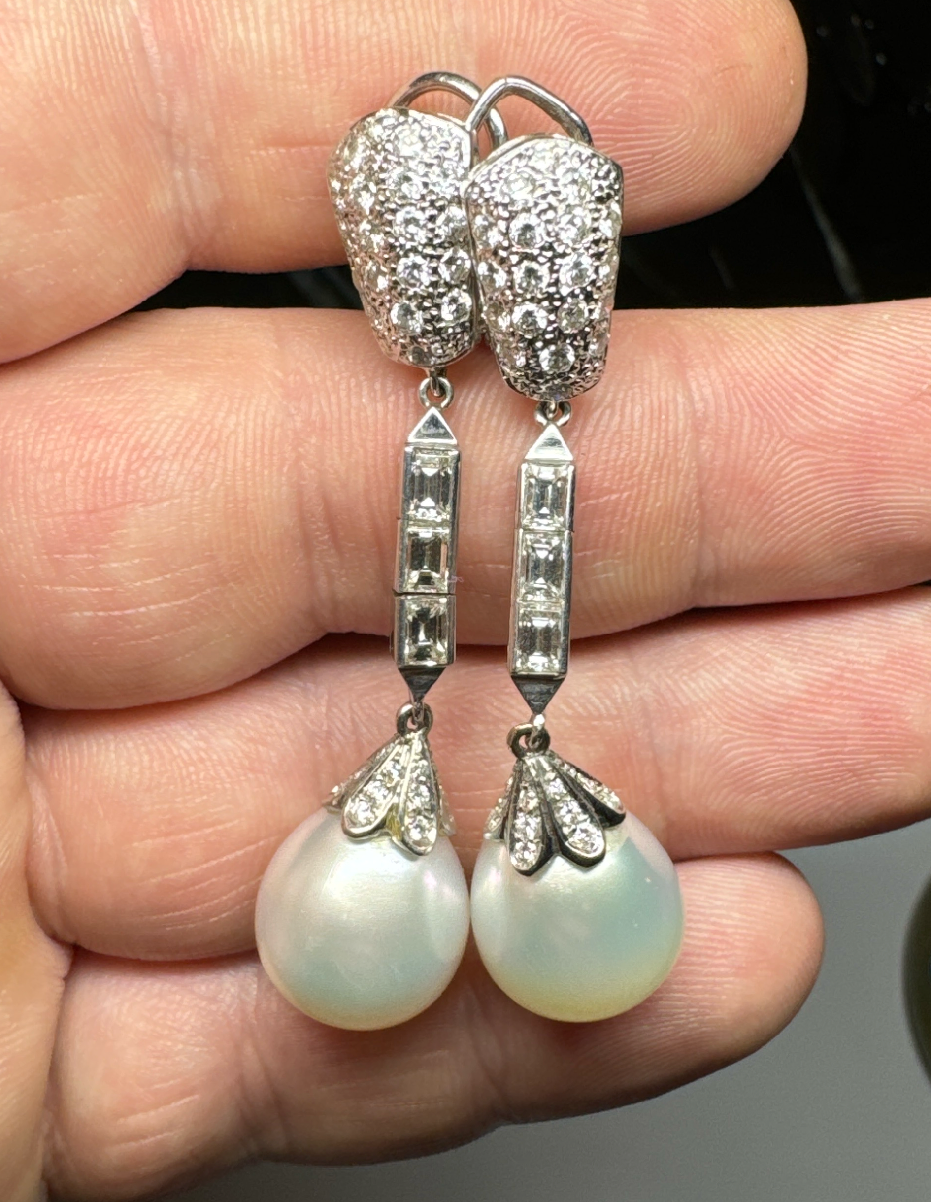 Retro 18k White Gold Cultured Pearl & Diamond Drop Earrings
