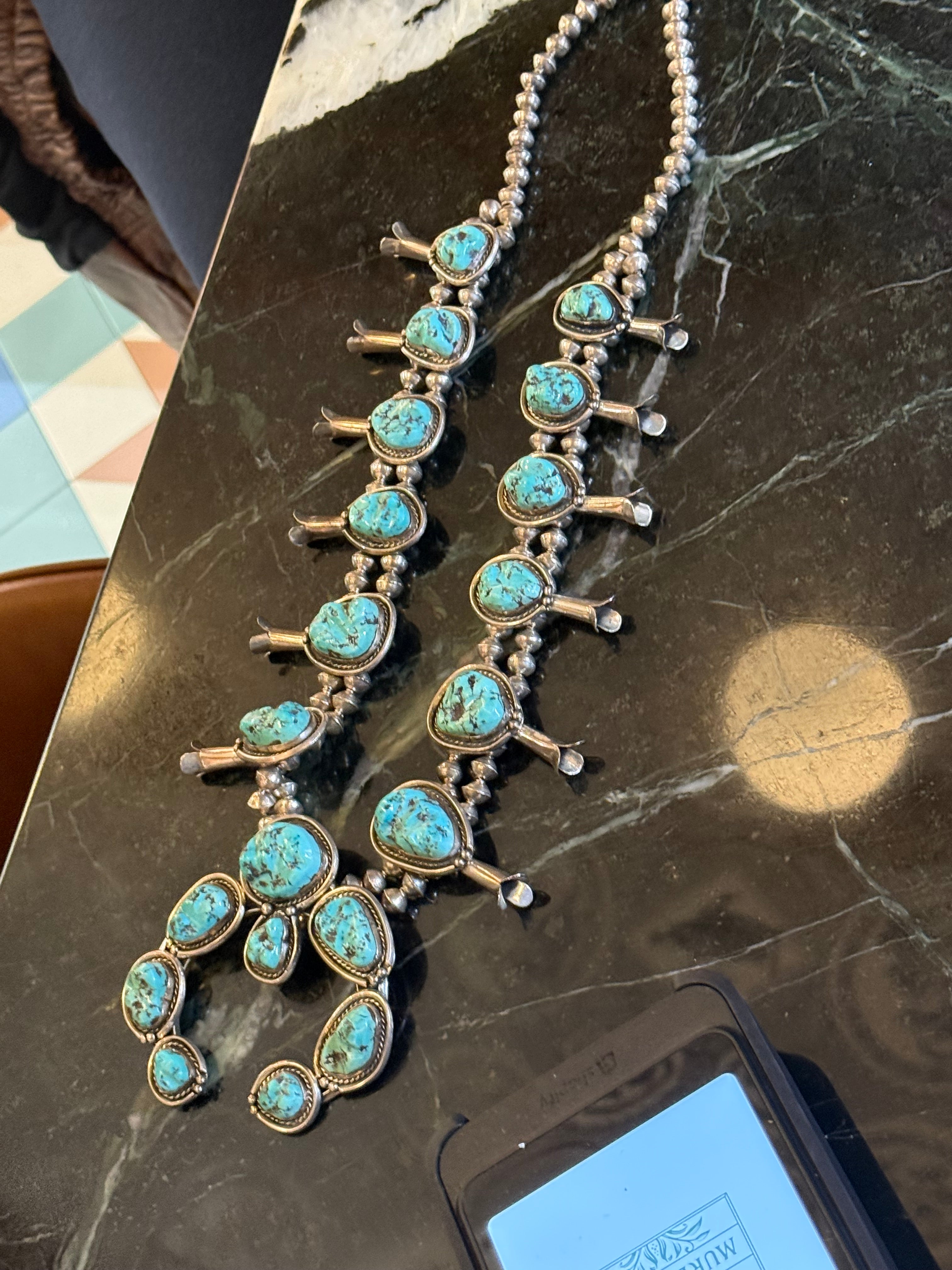 Sterling silver squash blossom necklace with turquoise