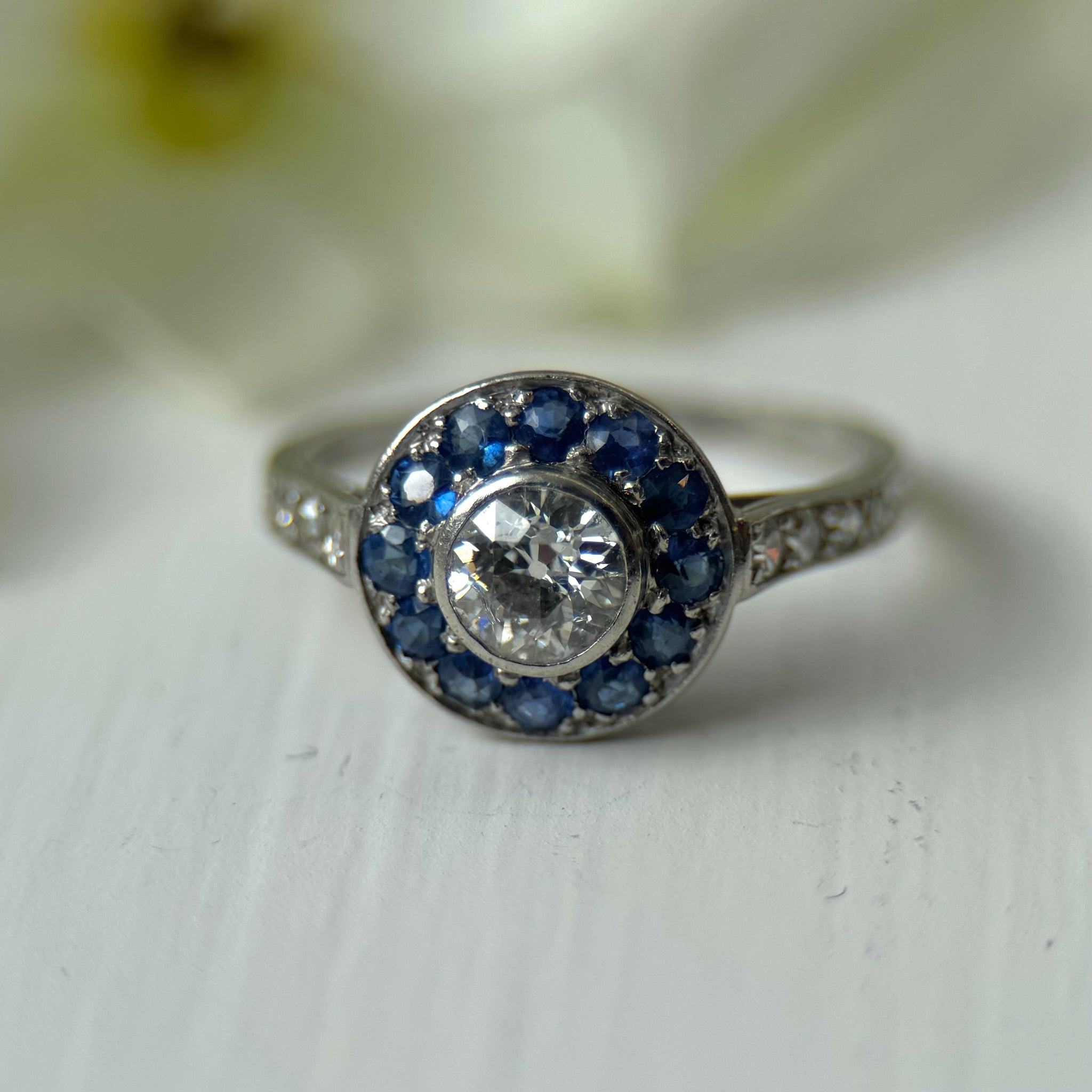 Art Deco Style Platinum Diamond & Sapphire Halo Ring