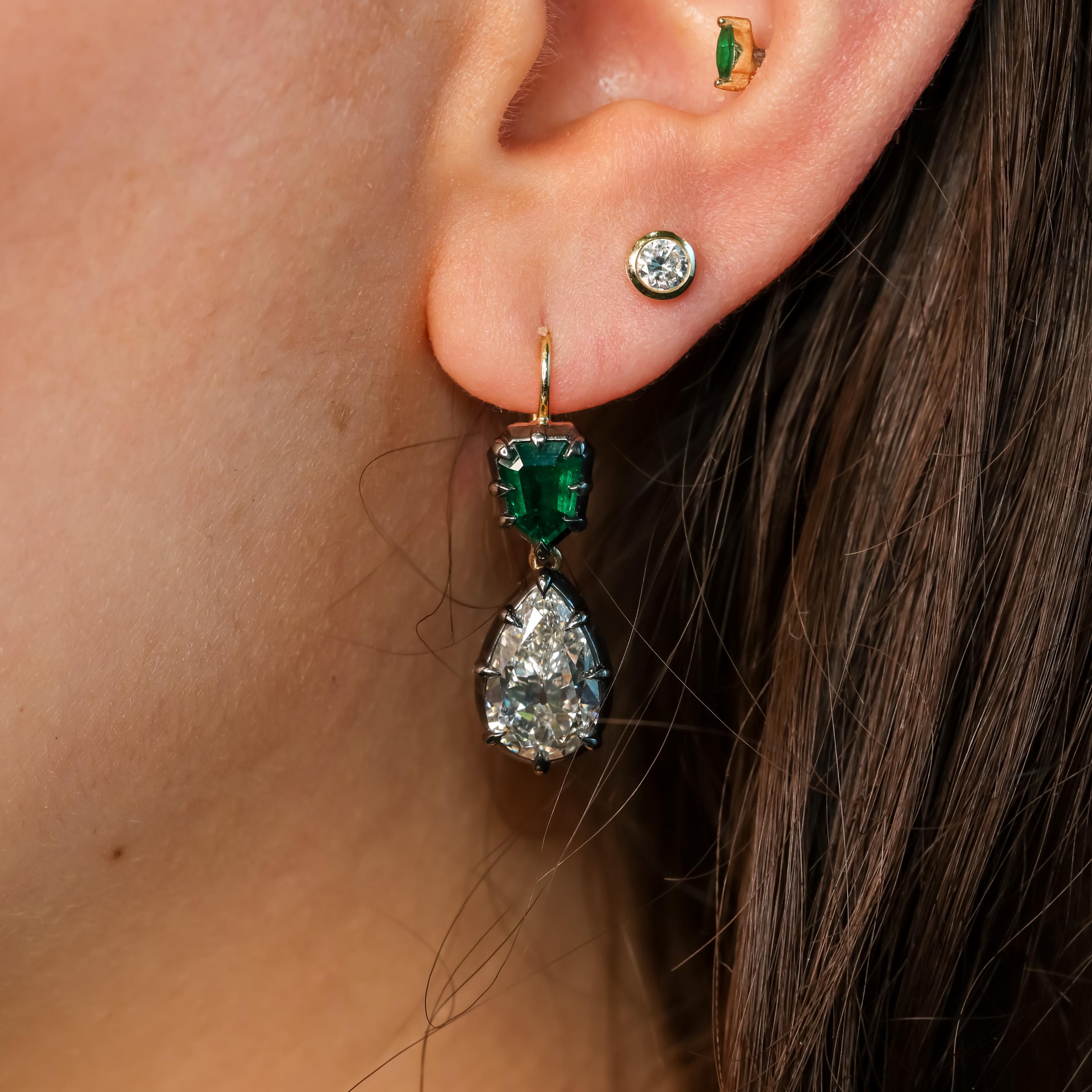 M & Co. Emerald and Diamond Drop Earrings with Two-Tone Metal Design