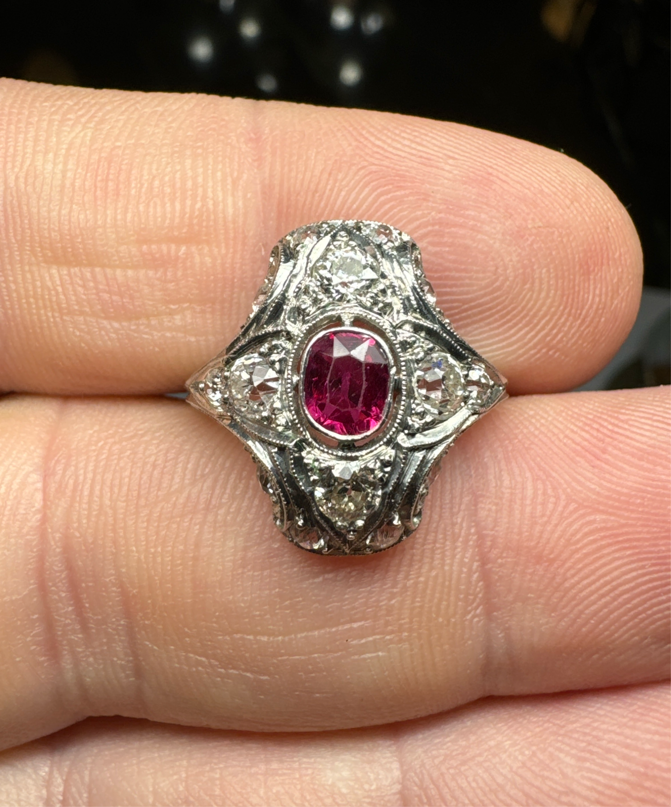 Edwardian Platinum Natural Ruby & Old Mine Cut Diamond Dinner Ring