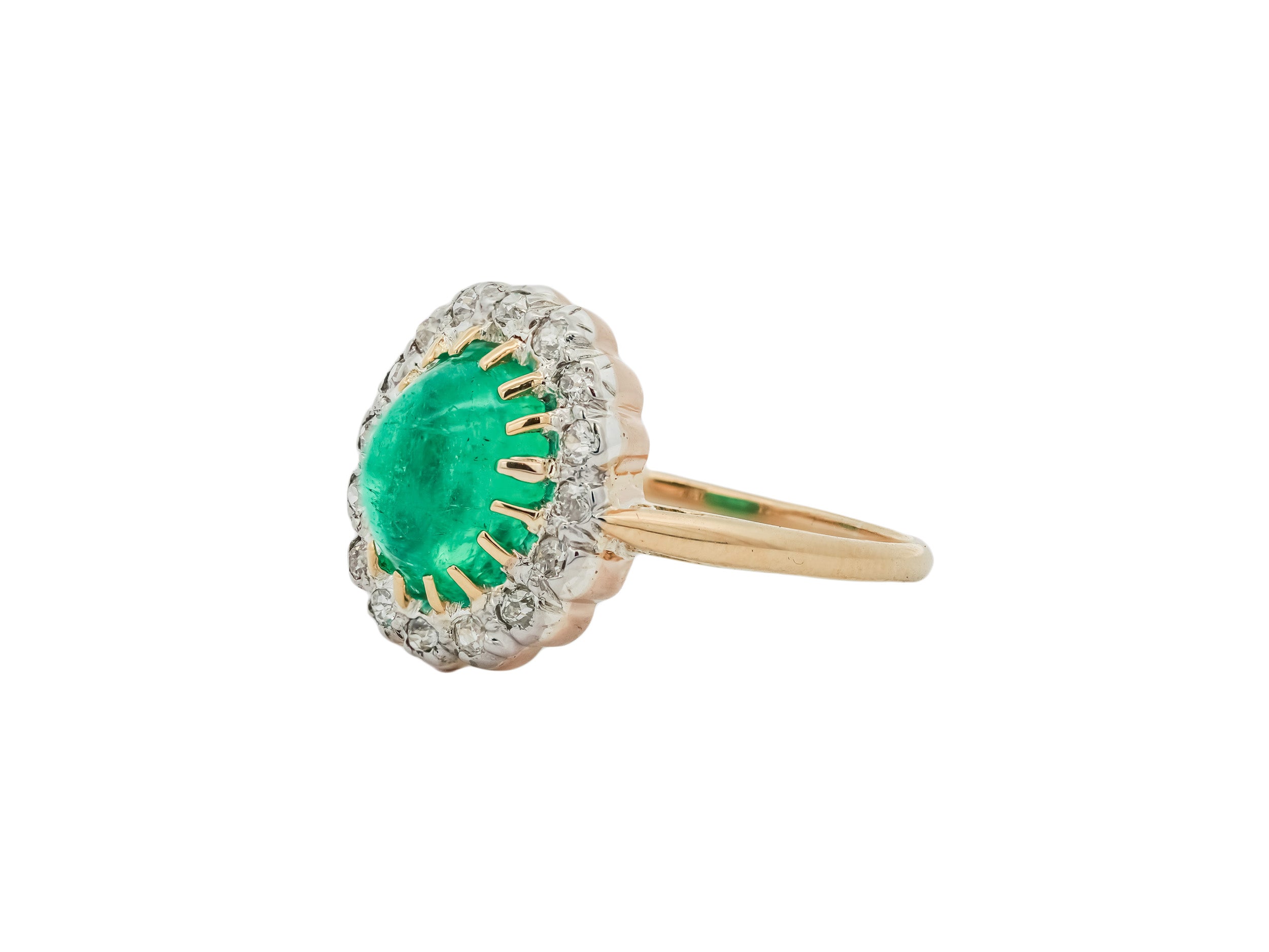 Edwardian 14k & Platinum Colombian Emerald Cabochon (2.30ct) & Diamond Halo (0.25cttw) Ring Sz 8
