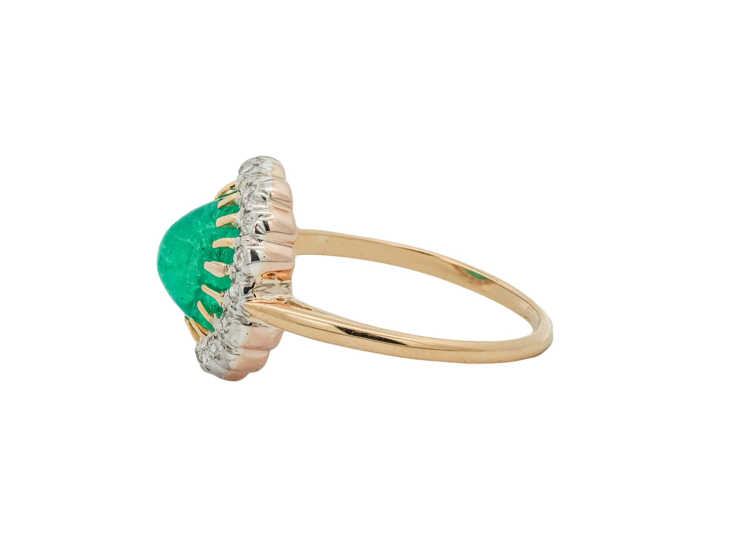 Edwardian 14k & Platinum Colombian Emerald Cabochon (2.30ct) & Diamond Halo (0.25cttw) Ring Sz 8