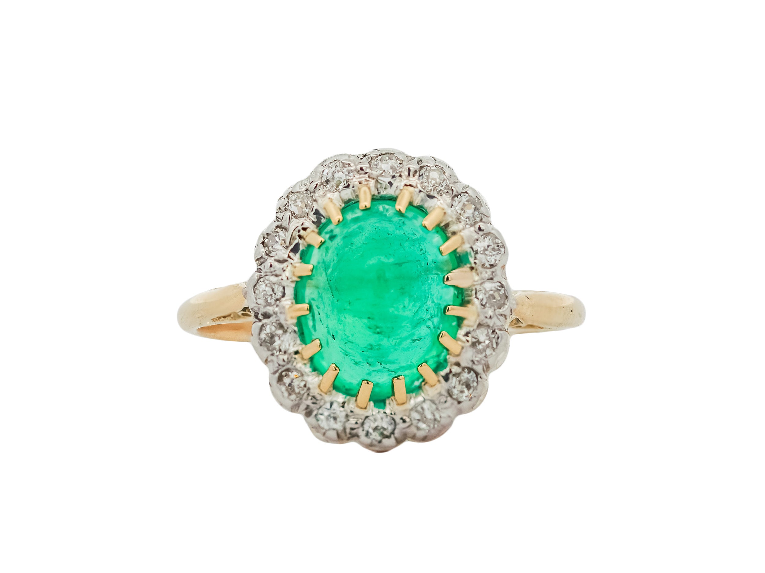 Edwardian 14k & Platinum Colombian Emerald Cabochon (2.30ct) & Diamond Halo (0.25cttw) Ring Sz 8