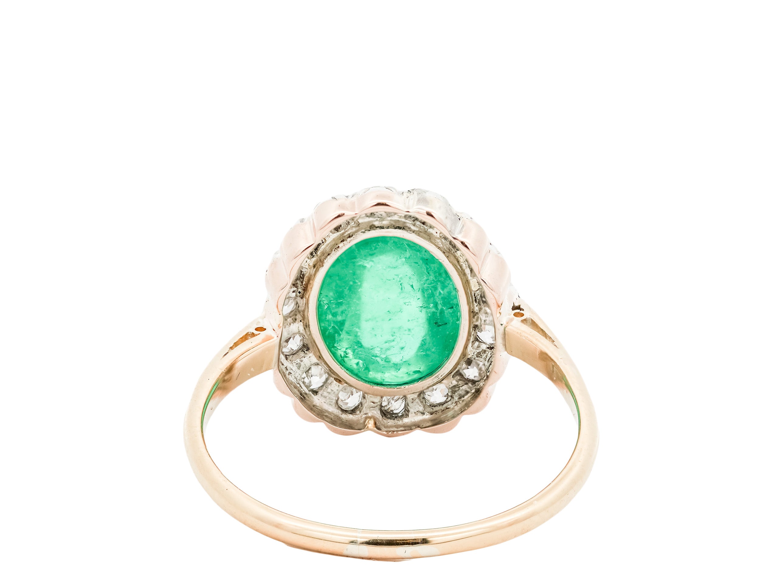 Edwardian 14k & Platinum Colombian Emerald Cabochon (2.30ct) & Diamond Halo (0.25cttw) Ring Sz 8