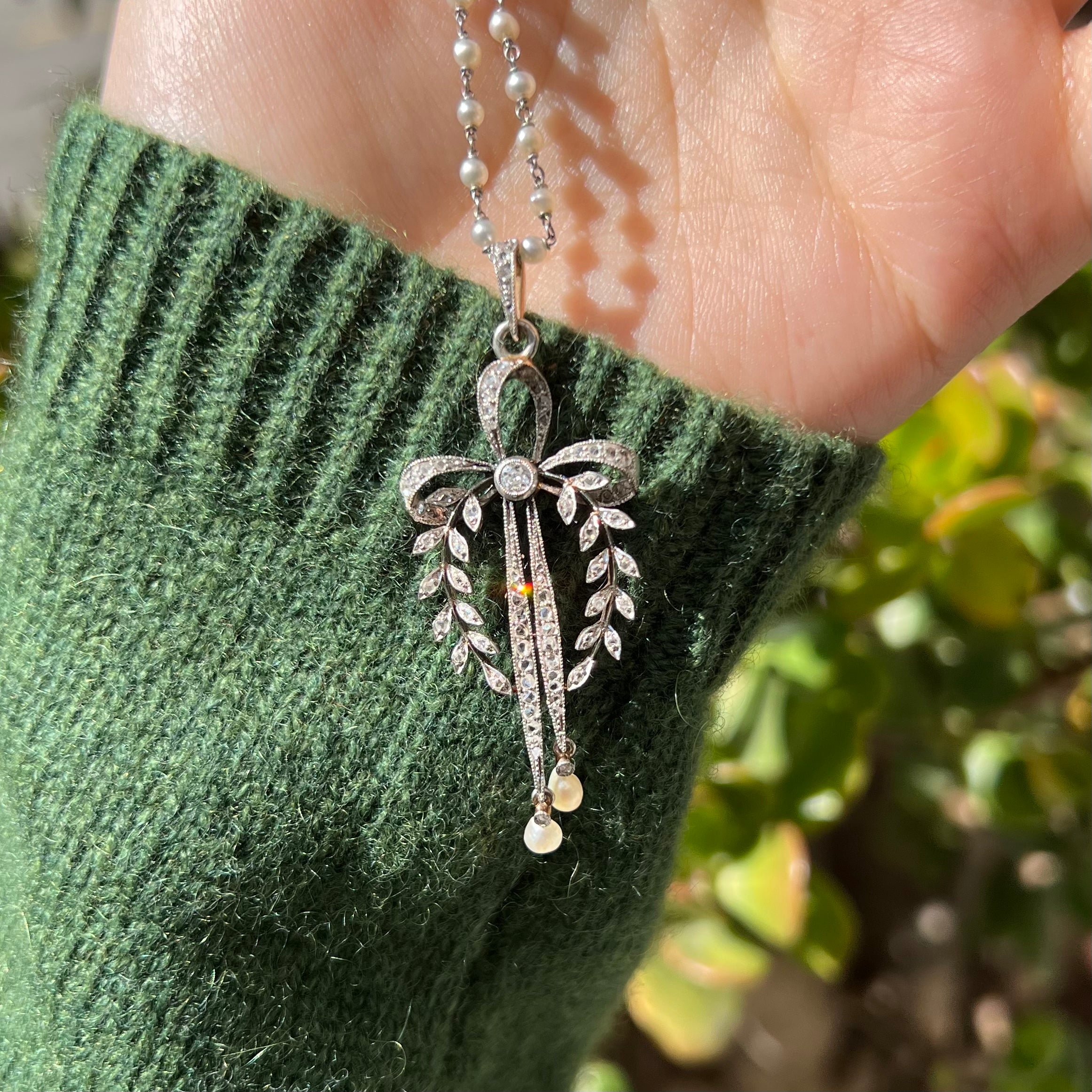 Edwardian Platinum Diamond & Pearl Bow Necklace