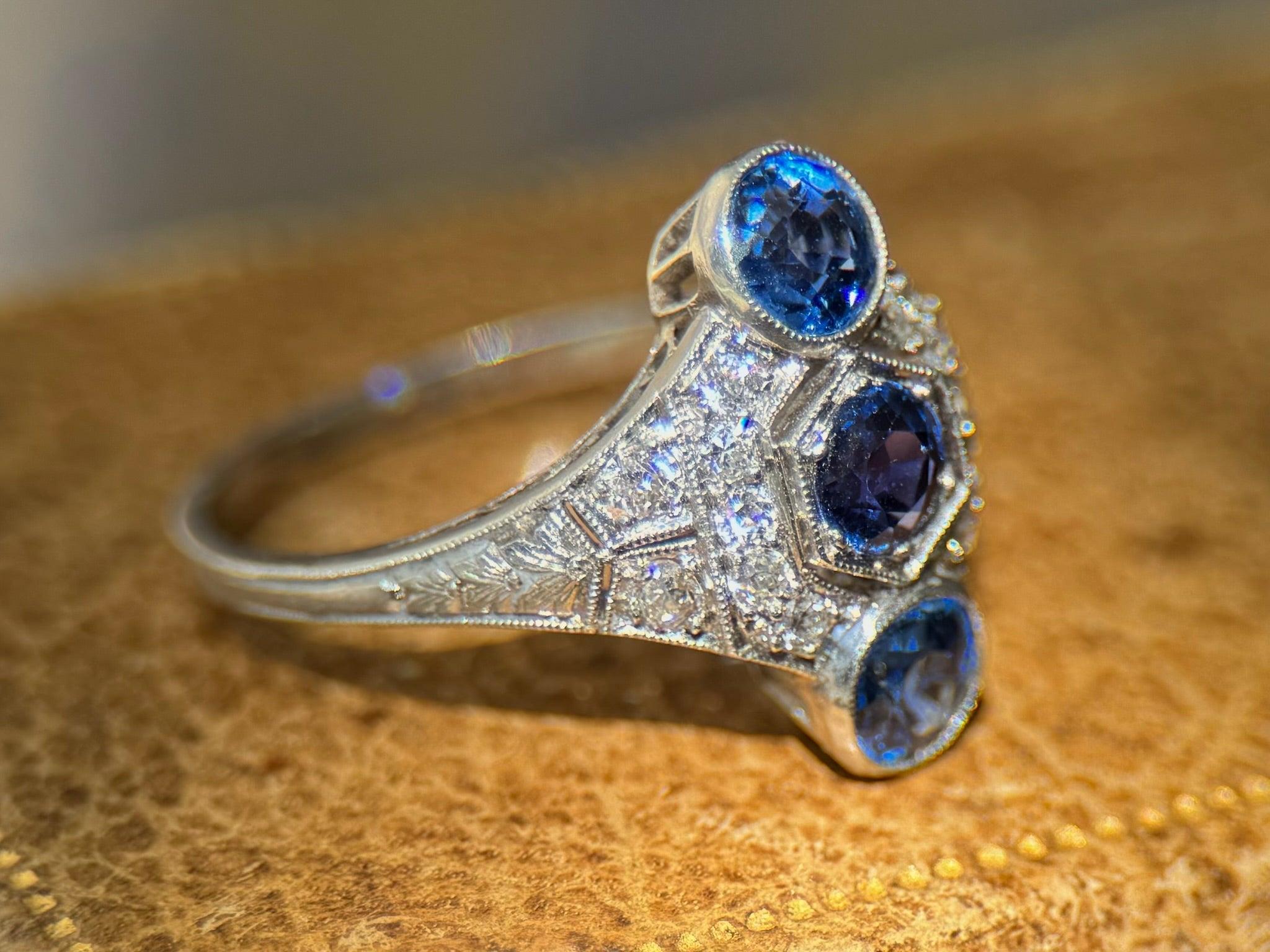 Edwardian Three Stone Yogo Gulch Montana Sapphire & Diamond Ring