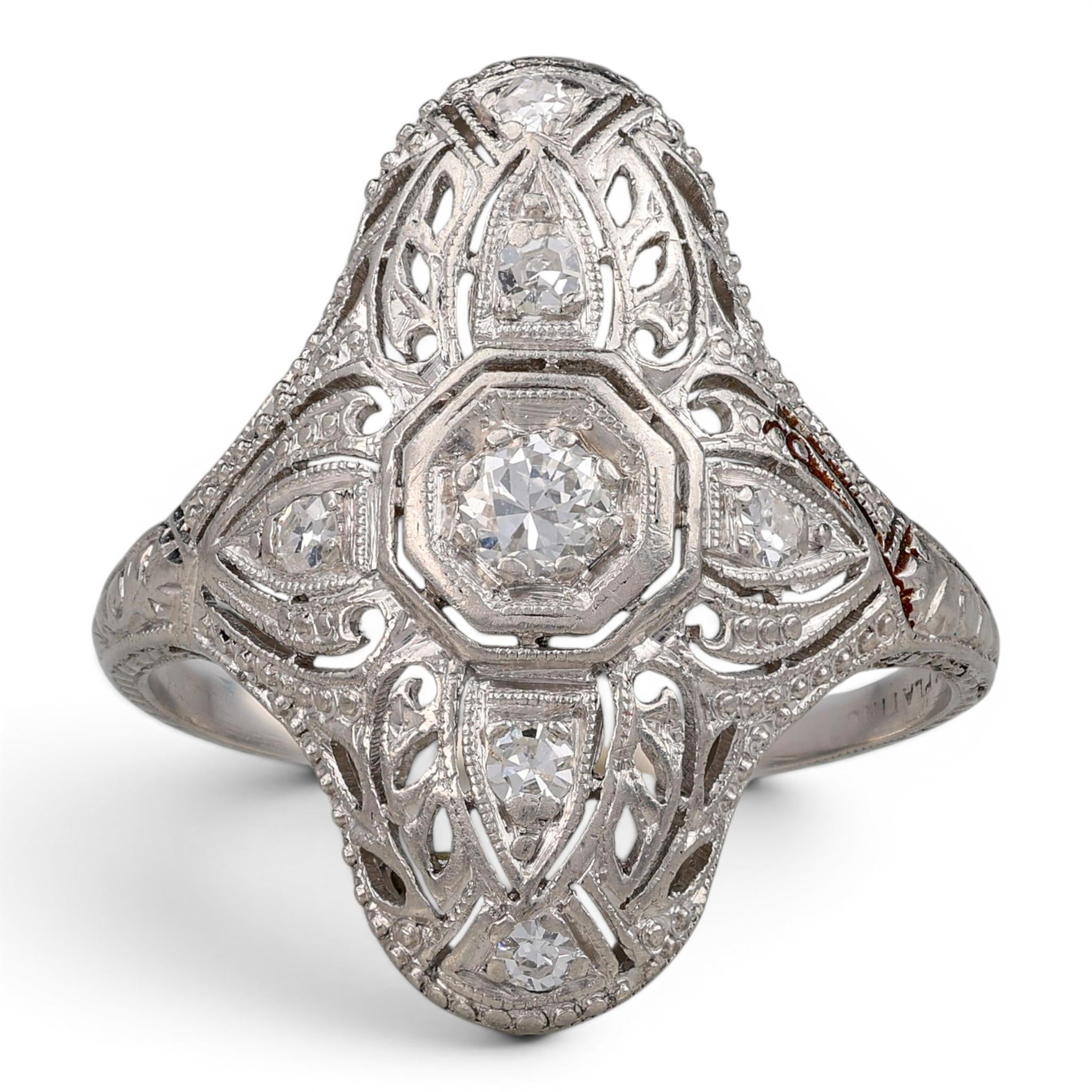 Edwardian Platinum Filigree Diamond Navette Ring
