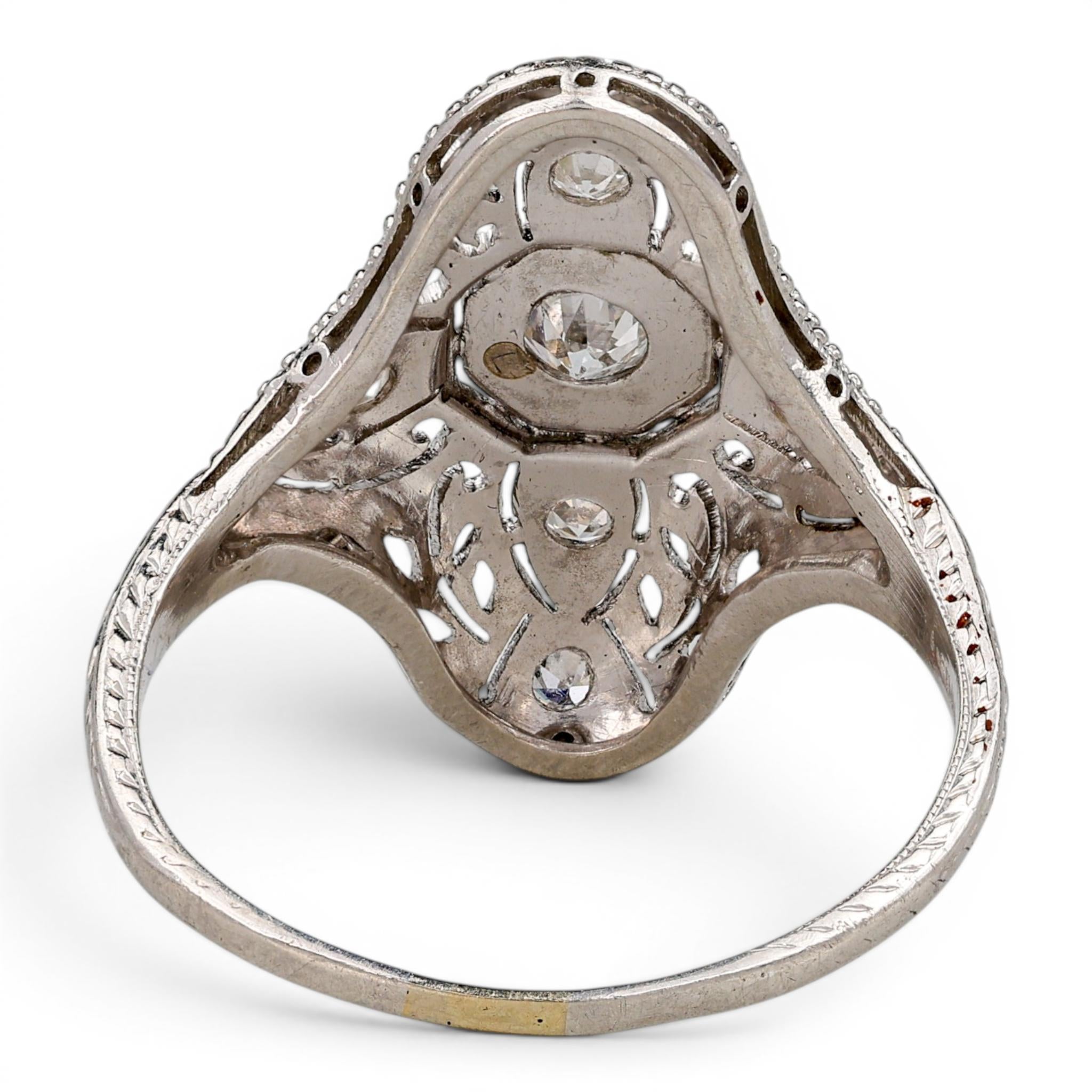 Edwardian Platinum Filigree Diamond Navette Ring