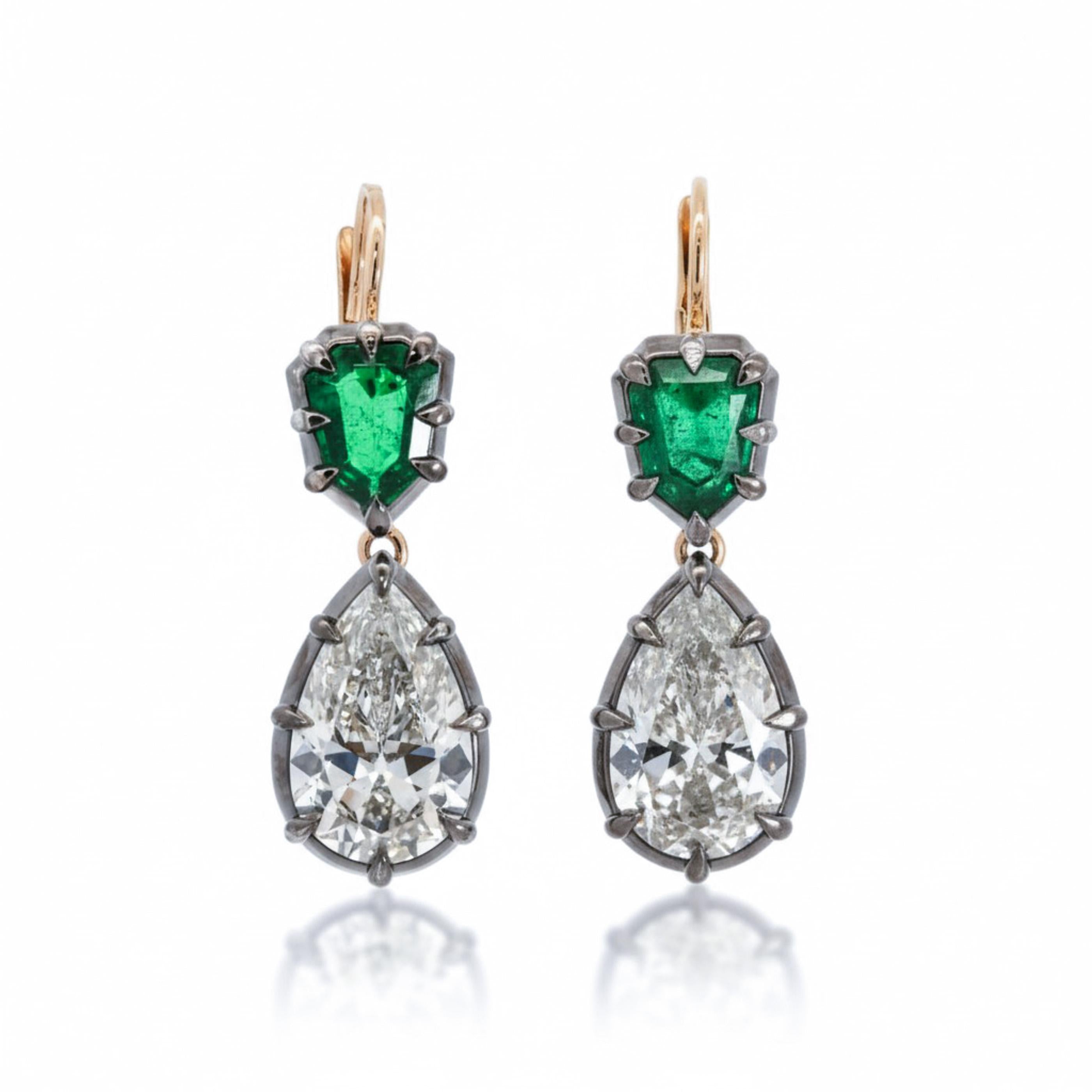 M & Co. Emerald and Diamond Drop Earrings with Two-Tone Metal Design