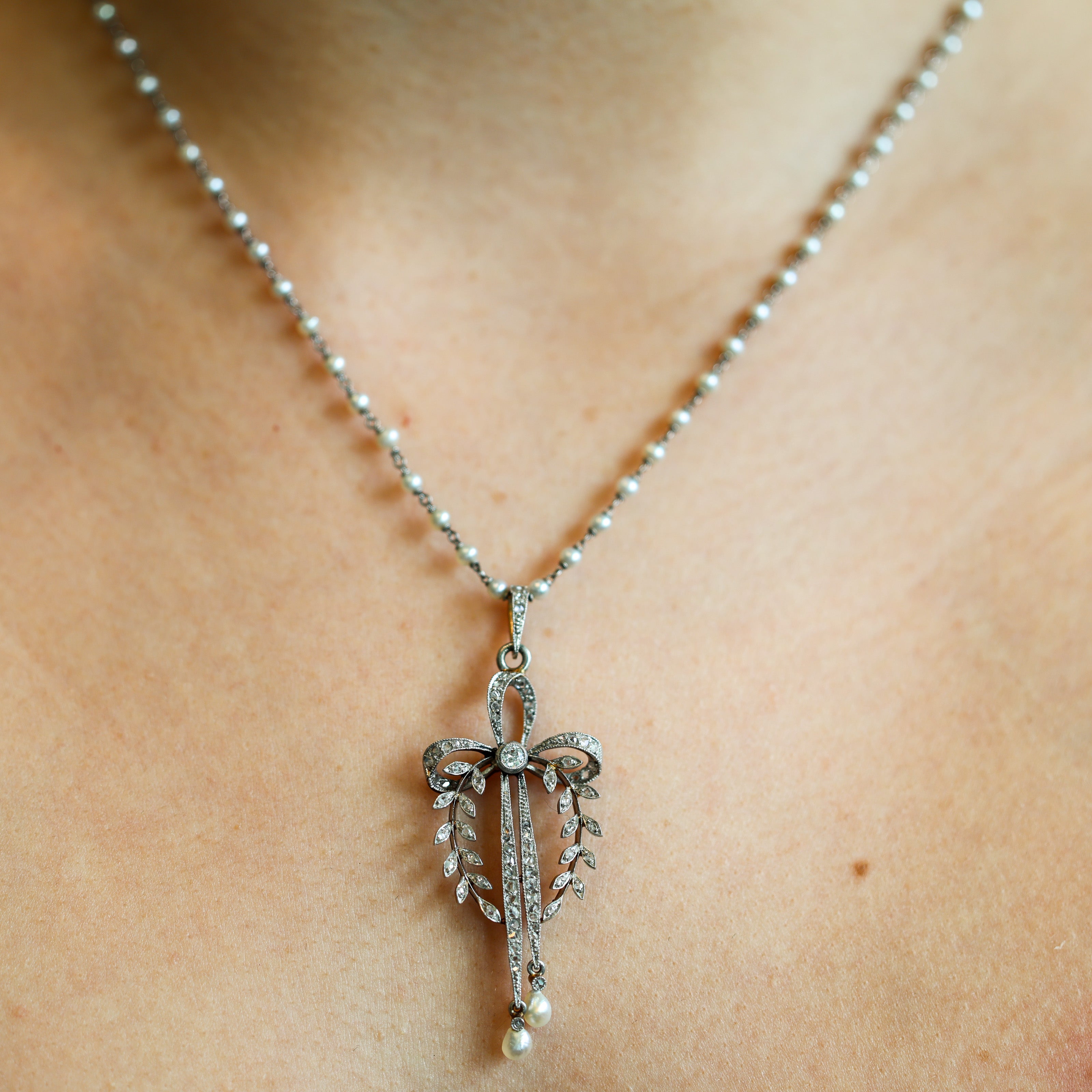 Edwardian Platinum Diamond & Pearl Bow Necklace