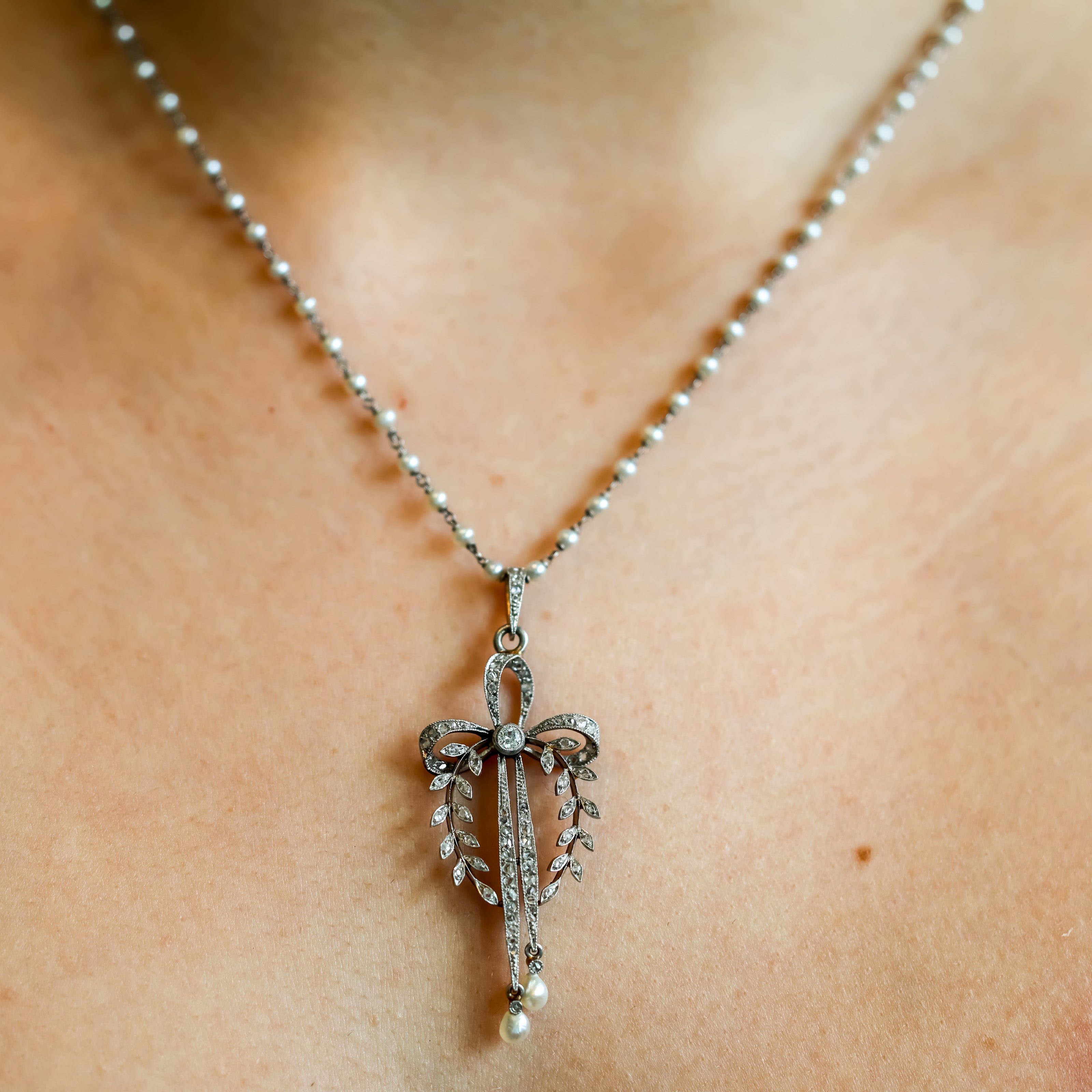 Edwardian Platinum Diamond & Pearl Bow Necklace