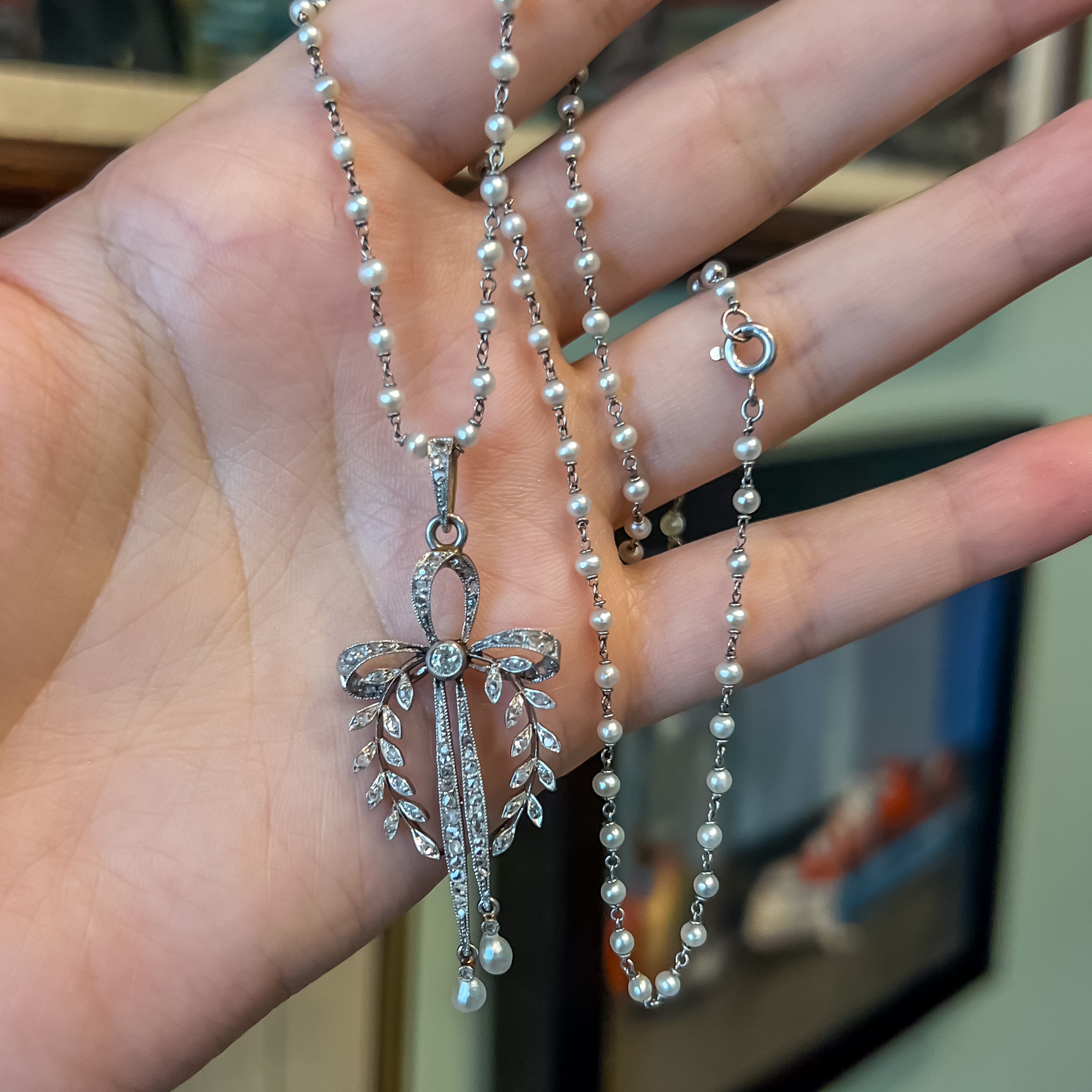 Edwardian Platinum Diamond & Pearl Bow Necklace