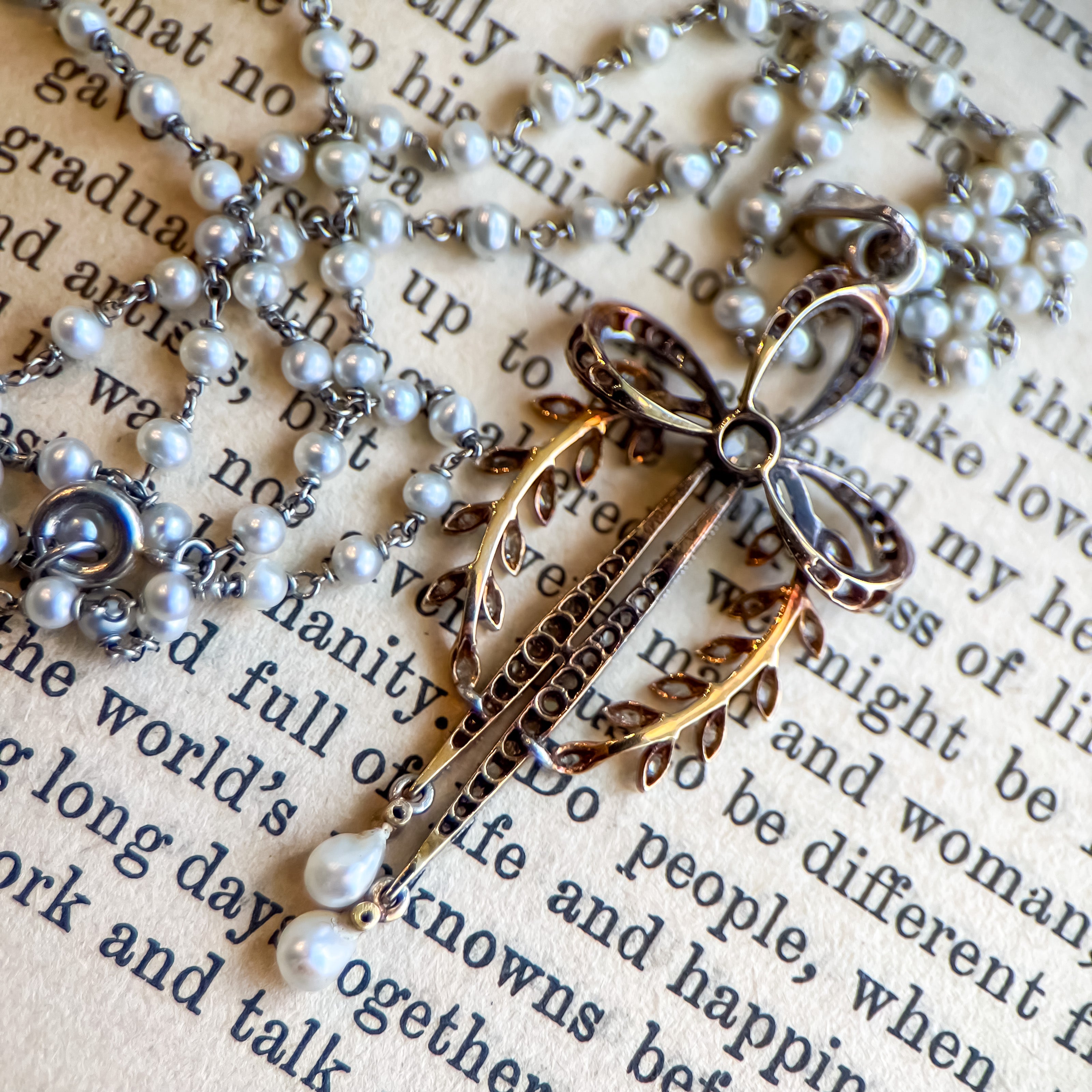 Edwardian Platinum Diamond & Pearl Bow Necklace