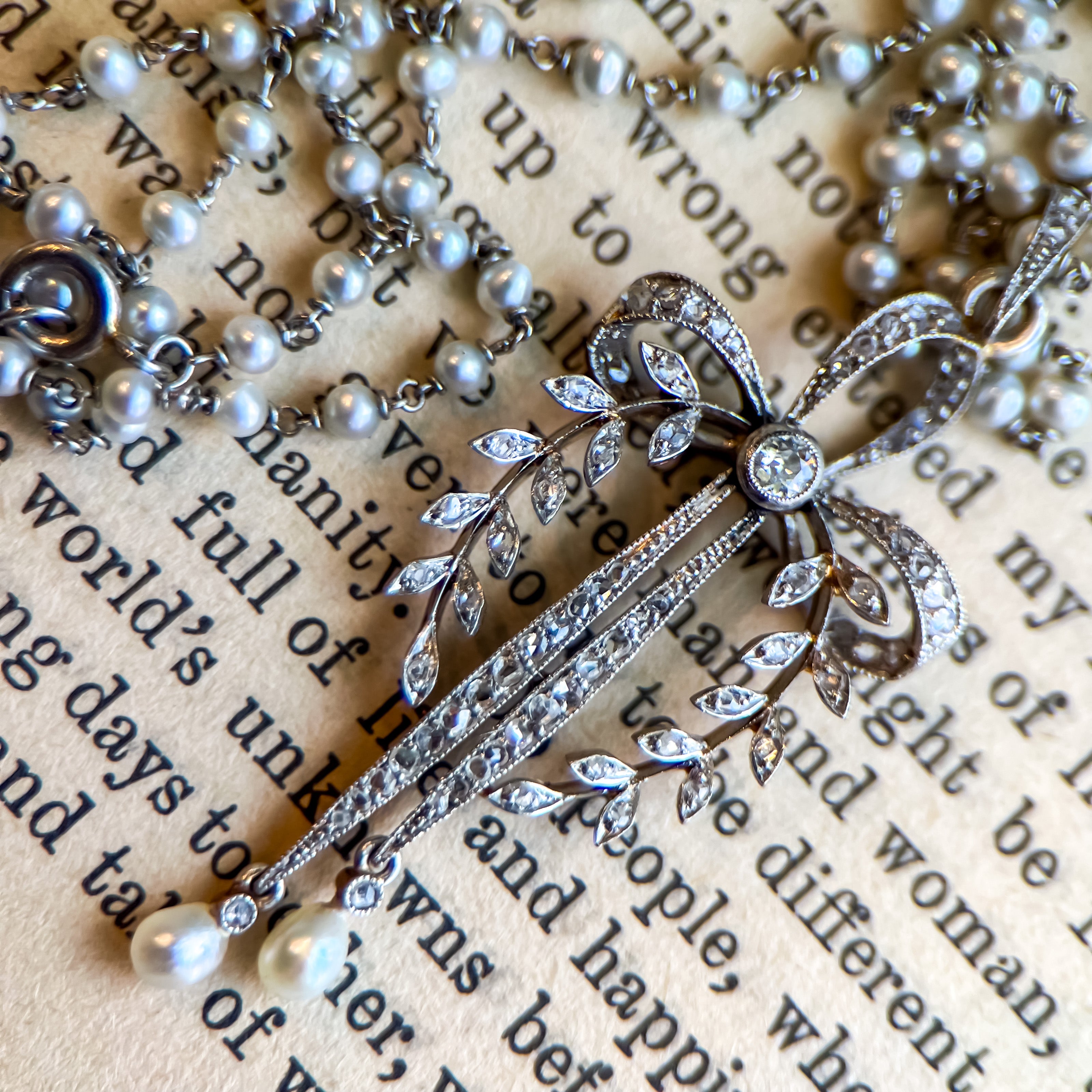 Edwardian Platinum Diamond & Pearl Bow Necklace
