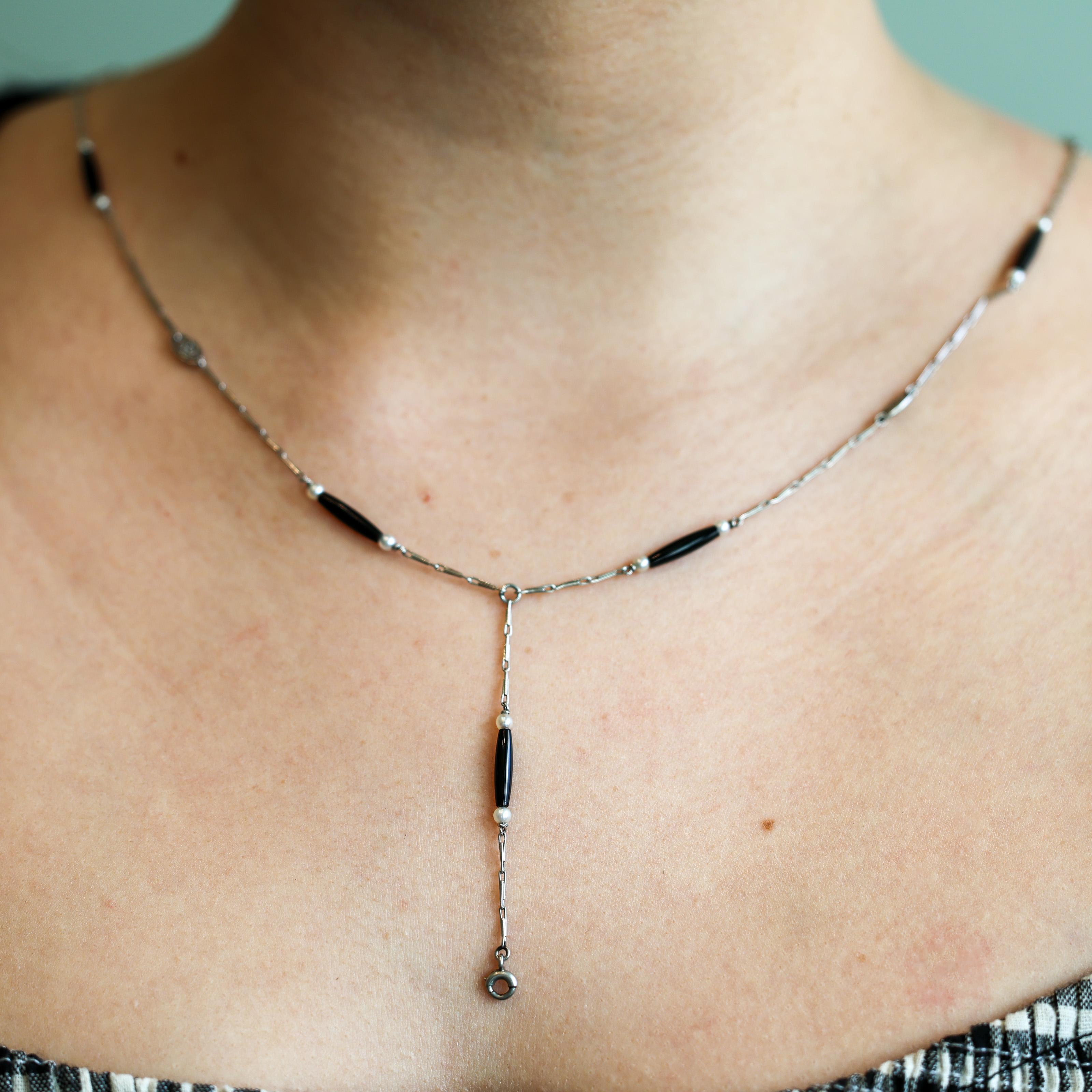 Platinum Deco Onyx & Pearl Lavalier Necklace