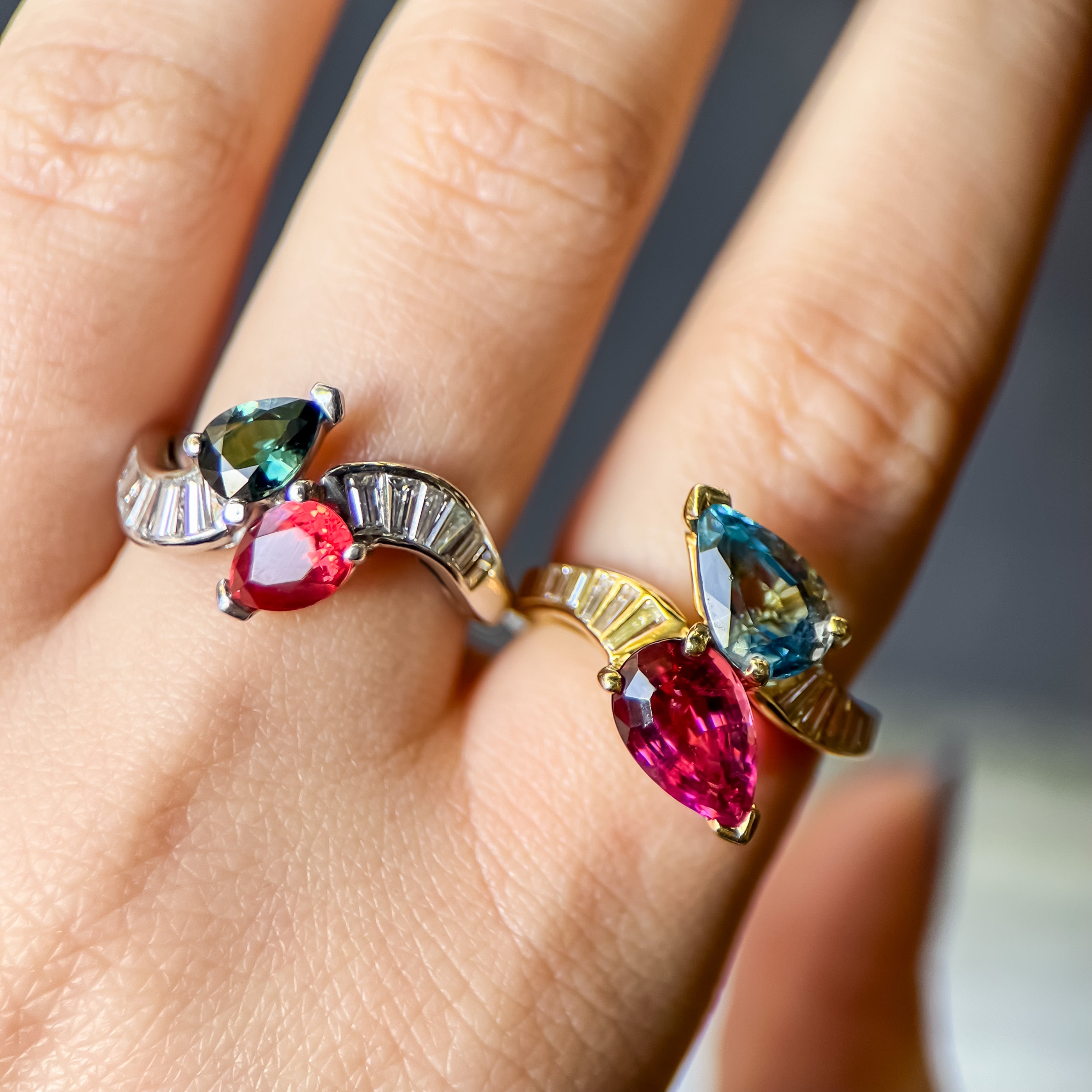 Vintage Pink Tourmaline, Aquamarine & Natural Diamond Bypass Ring