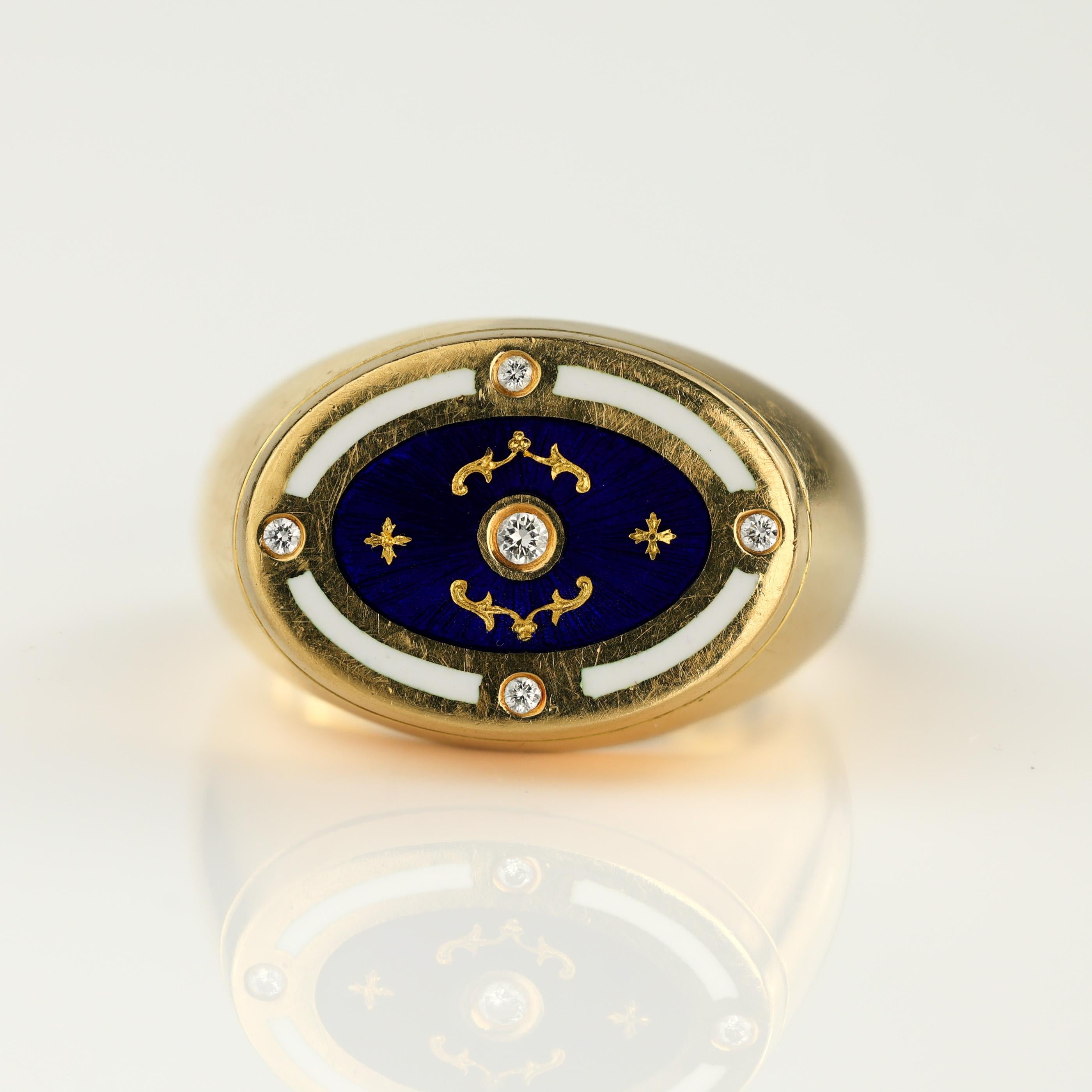 Modern Fabergé 18K Enamel & Diamond Signet Ring