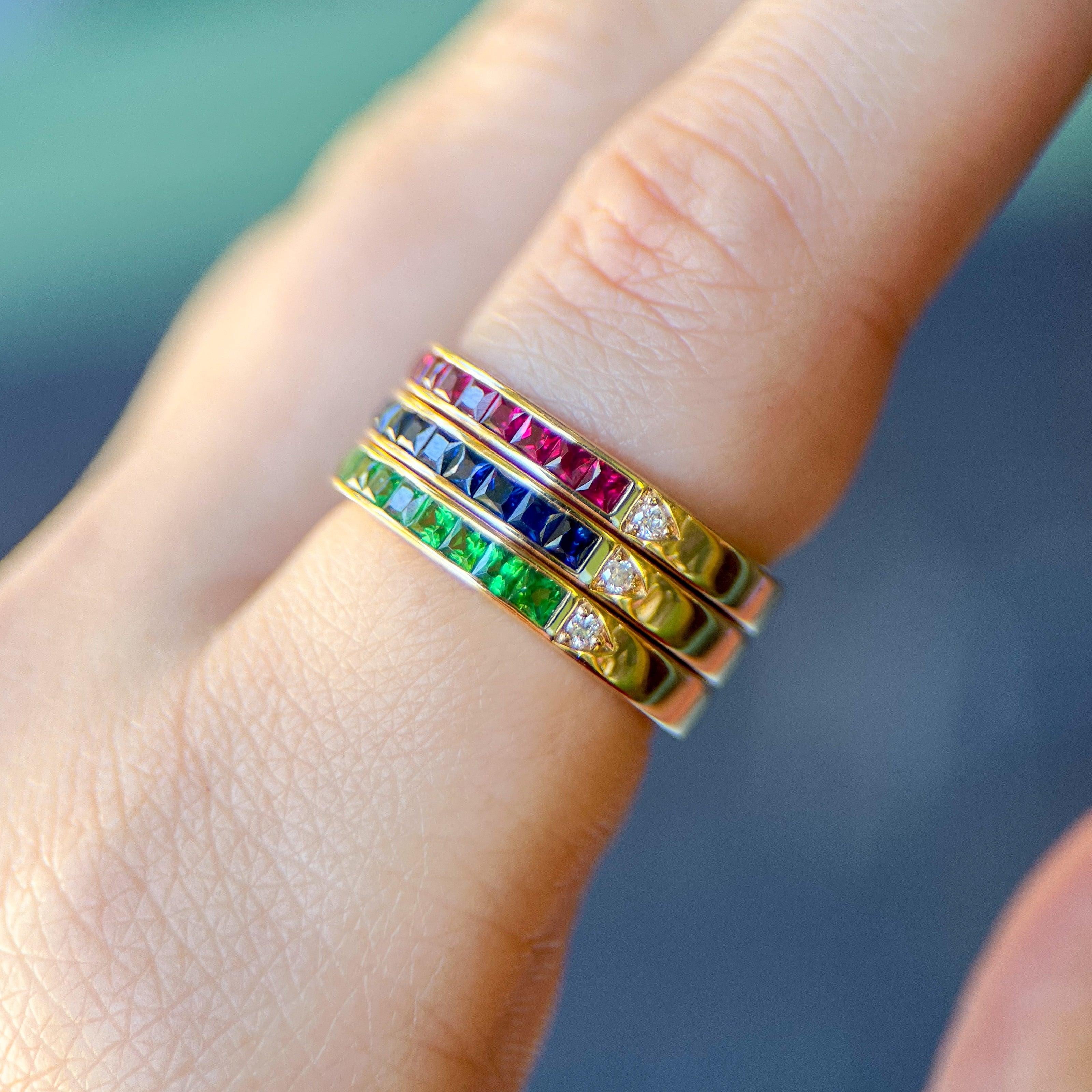 French Cut Gemstone & Diamond Half Eternity Bands