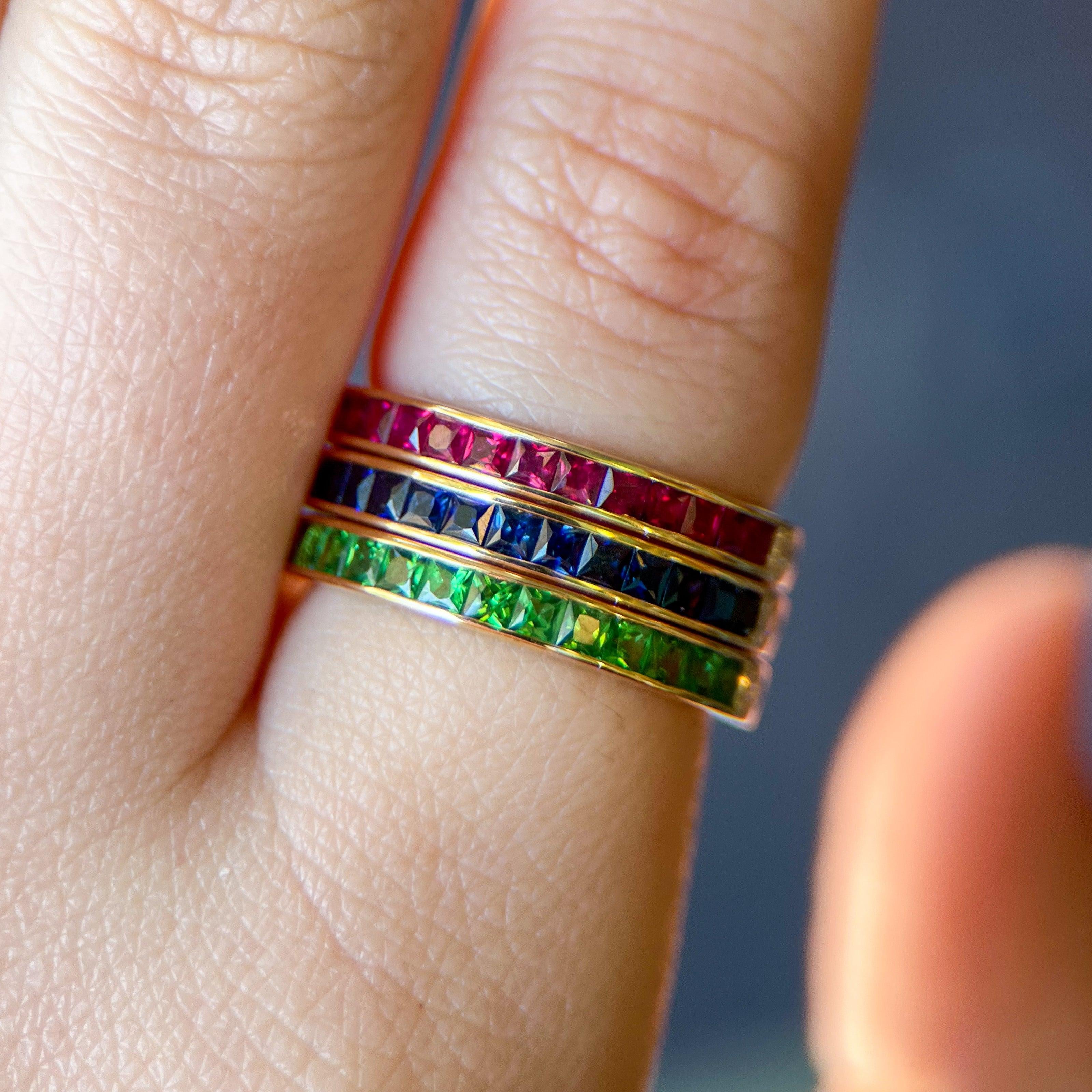 French Cut Gemstone & Diamond Half Eternity Bands