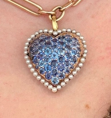 14k Natural Pearl & Montana Sapphire Heart Pendant Brooch